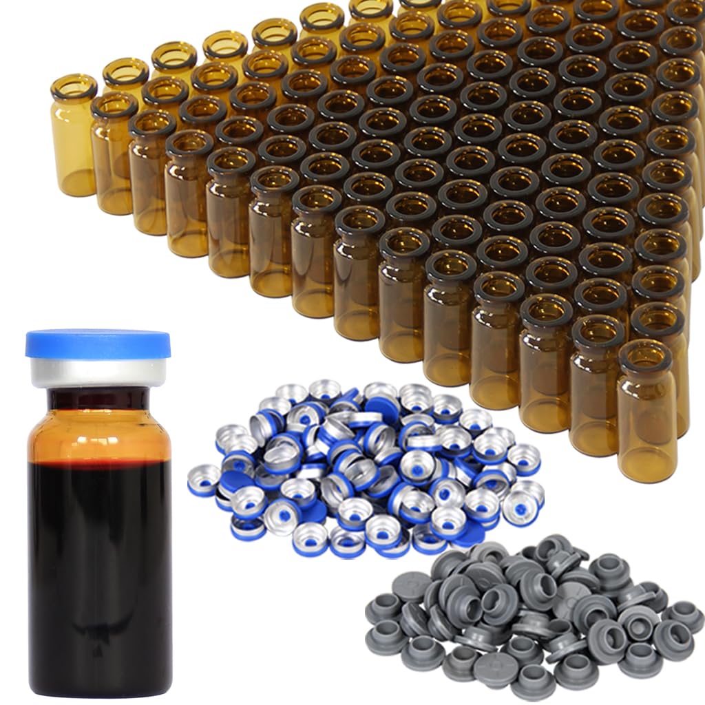 10ml Amber Glass Vials-2-1/2 Dram Amber Glass Headspace Vials with Plastic-Aluminum Flip Caps and Rubber Injection Stoppers, 100 Pack, 20mm Flat Bottom Lab Vial