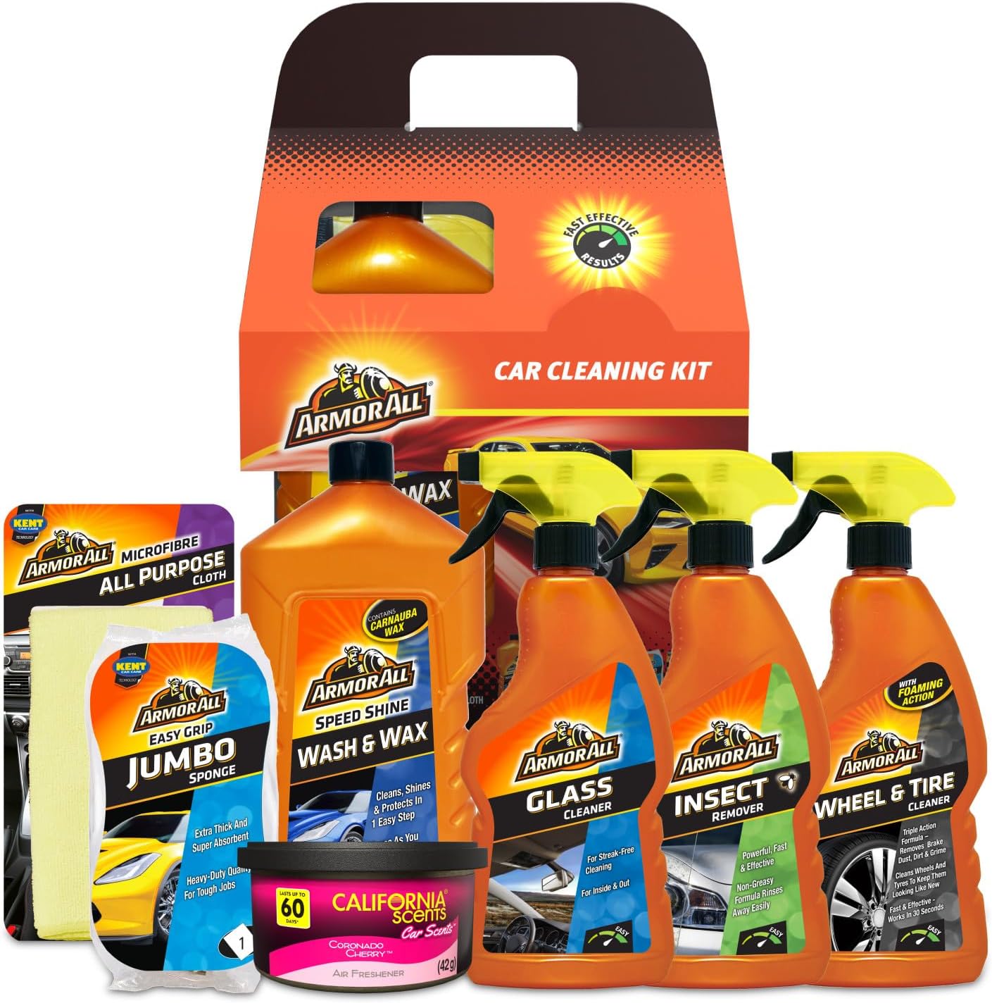 Armor All 7-Piece Car Cleaning Kit, Includes Glass Cleaner, Jumbo Sponge, Car Wash & Wax, California Scents Can Car Air Freshner, Wheel & Tyre Cleaner 500ml, Insect Remover and Microfibre Cloth