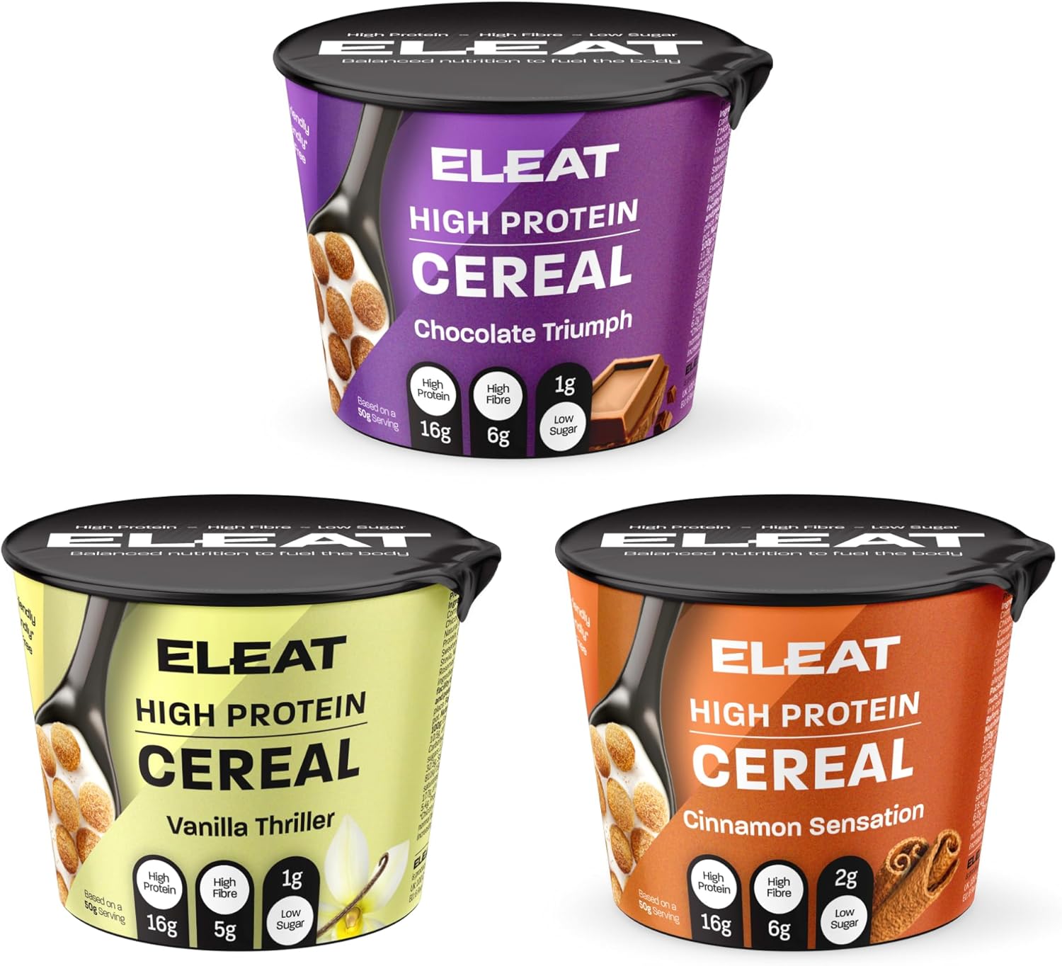 ELEAT Protein Cereal Pots Bundle - 24 x 50g Breakfast Pots - 8 x Chocolate, 8 x Cinnamon, & 8 x Vanilla 50g pots - Healthy Cereal, Pre & Post Workout - Low Sugar, Vegan, Gluten-Free