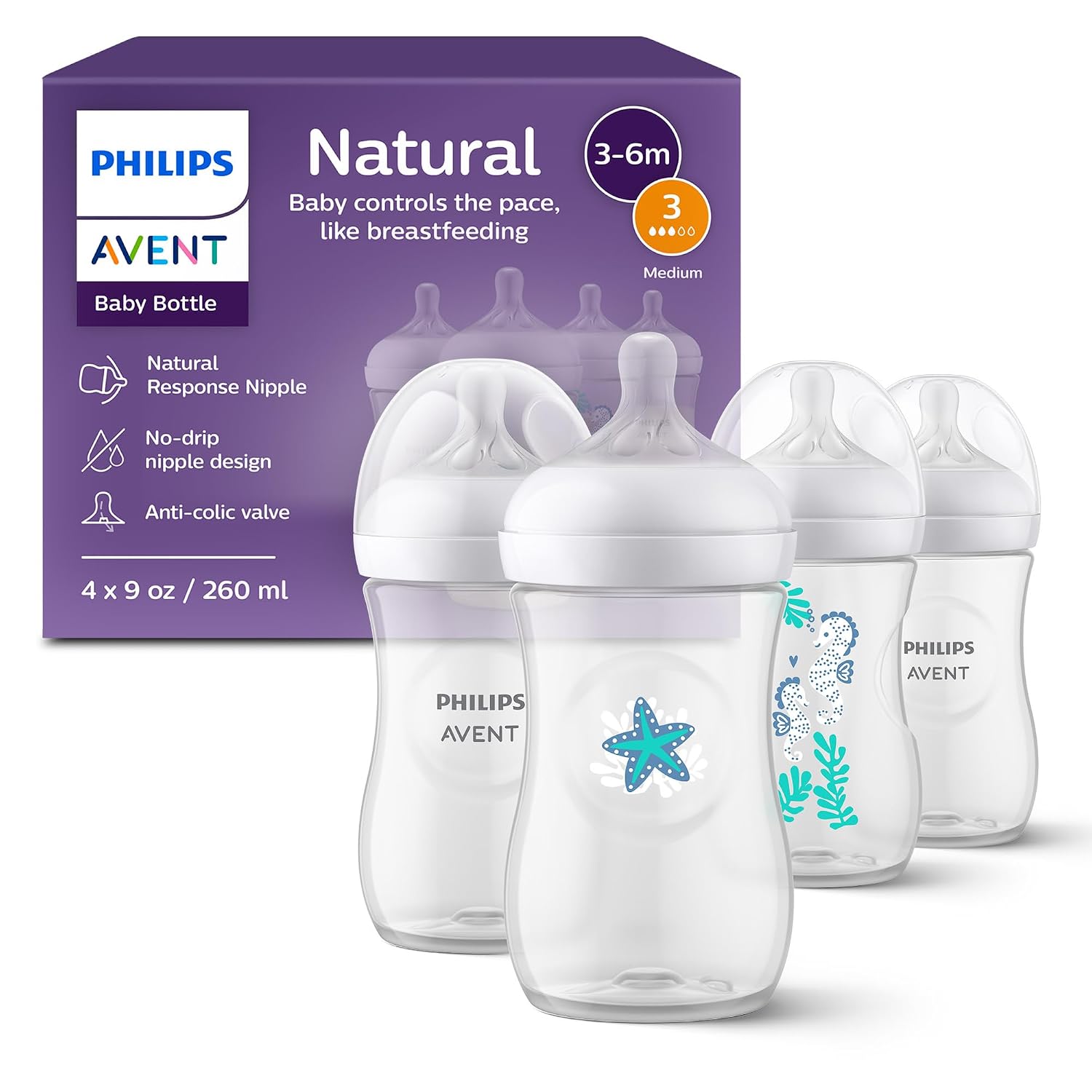 Philips Avent Natural Baby Bottles with Natural Response Nipples Medium Flow, Flow 3, with Seahorse and Starfish Design, 9oz, 4-Pack, SCY903 68