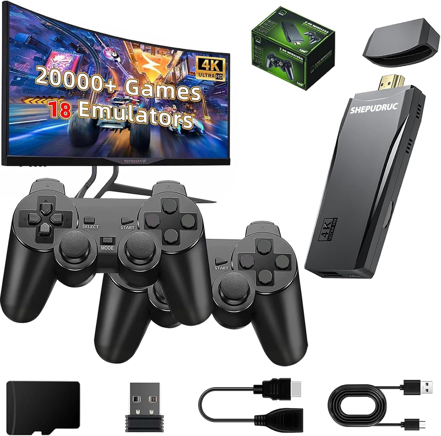 Retro Handheld Game Console, Game Console Stick Built-in 20000+ Plug-and-Play Video Games, Equipped with 18 Simulators, 4K HDMI Output and Dual 2.4G Controller(64GB Memory Card)