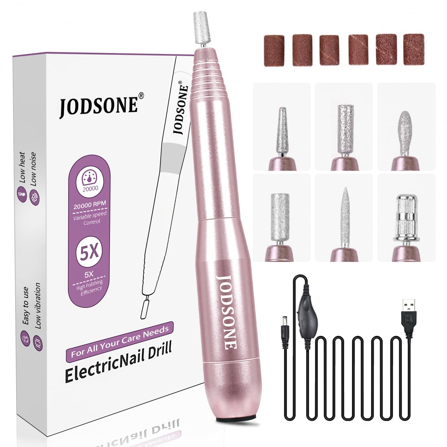 JODSONE Professional Electric Nail Drill 20000RPM Low Noise Work efficiently with 6 Replacement Drills for Salon and Home Use