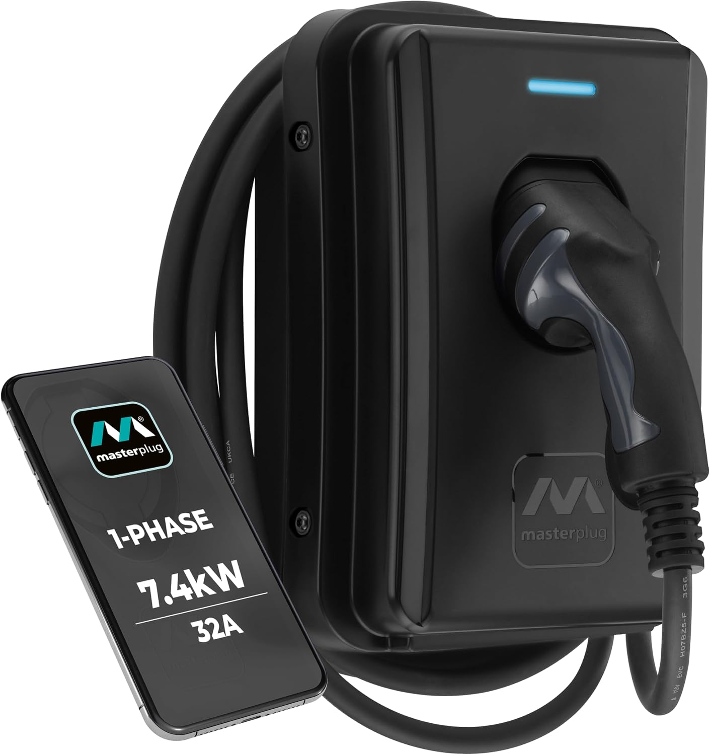 Masterplug Smart EV Home Wall Charger for Type 2 Electric and Plug-In Hybrid Vehicles, Tethered with 5m Cable, Mode 3, App Control, Solar Charging, Single Phase, Black, IP55, 7.4kW, 32A, EVCM3ST7B-MP