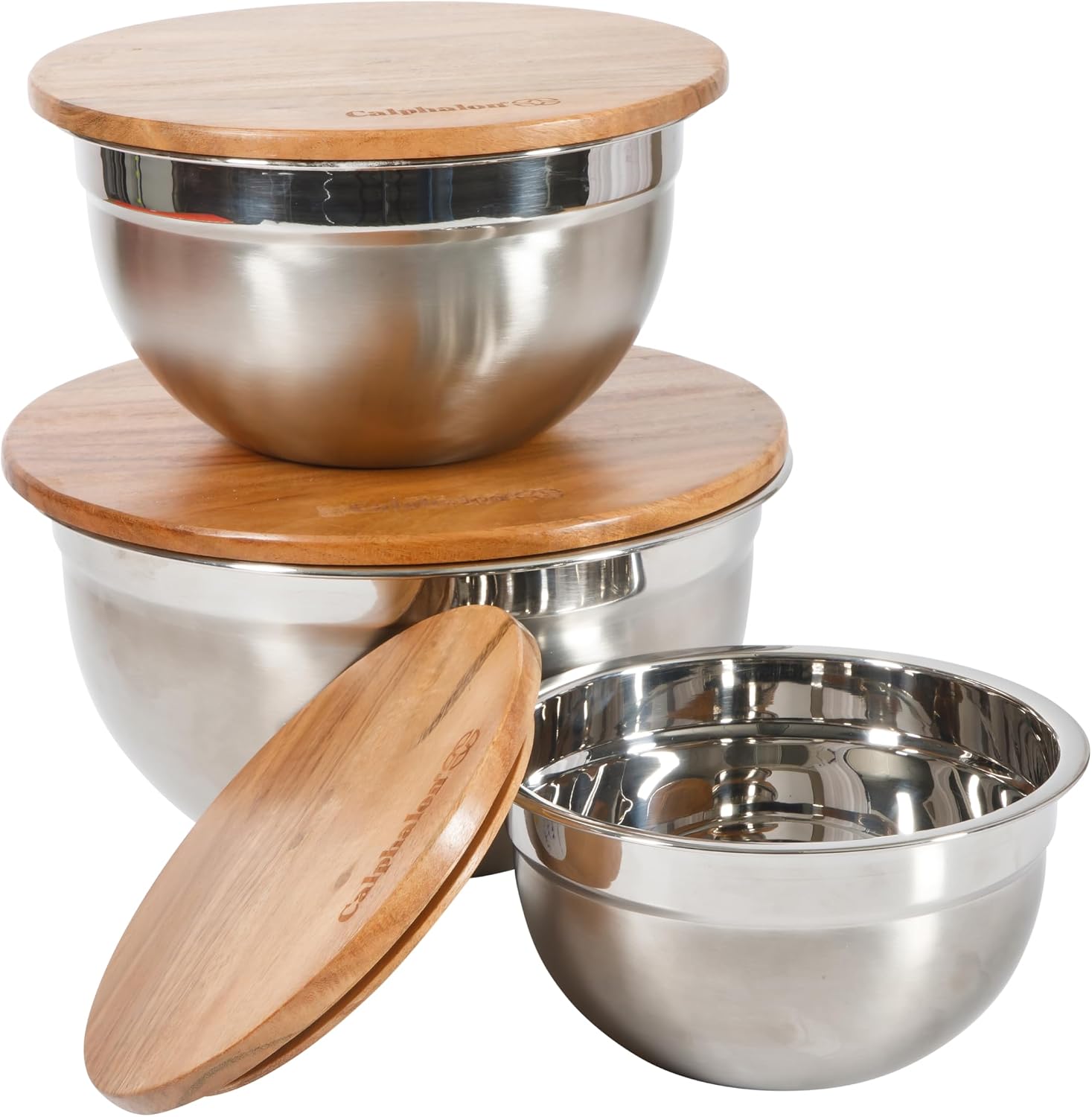 Calphalon Orbit Mixing Bowl Set, 3-Piece Stainless Steel Mixing Bowls(1.5 Qt, 3 Qt, 5 Qt) with Acacia Wood Lids & Non-Slip Base, Kitchen Prep Bowls for Mixing, Serving & Food Storage