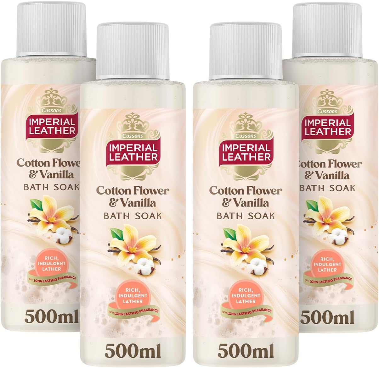 Imperial Leather Comforting Cotton Flower & Vanilla Bath Soak, Rich Indulgent Lather & Long Lasting Luxury Fragrance, Vegan & Cruelty Free 4 x 500ml