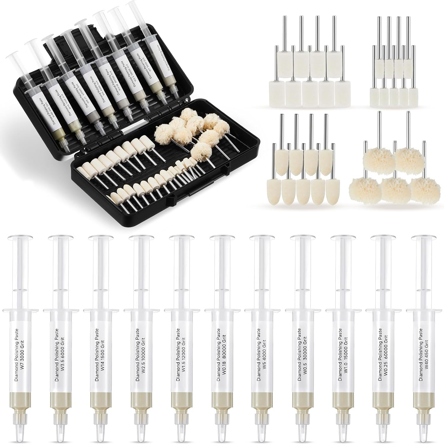 47 Pcs Diamond Polishing Compound Kit, 36 Grinding Buffing Bits and 11 Oil Based Diamond Lapping Paste 450-Ultra Fine 80000 Grit with Box for Metal Coin Stone Jewelry Ring Polishing