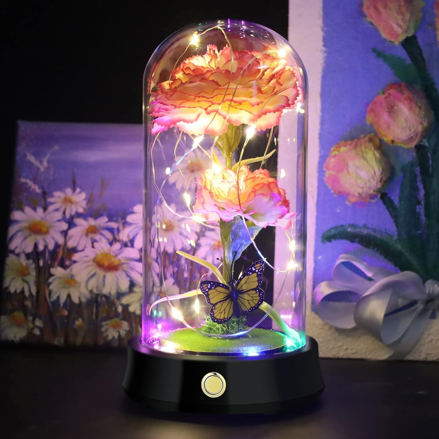 QUELIEN Pink Carnation Flowers in Glass Dome - Artificial Carnation Gift for Mom, Mothers Day Birthday Present, Home Table Decor