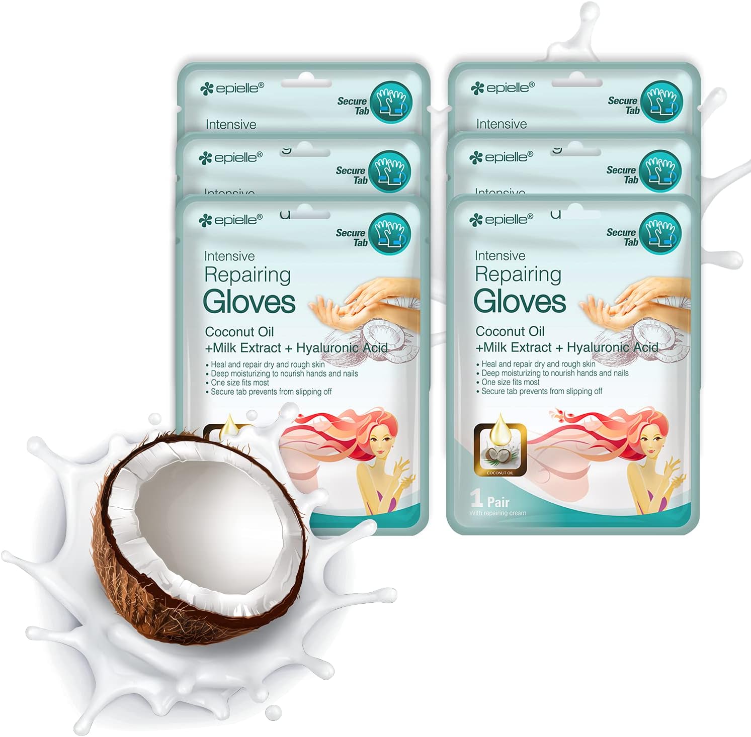 Epielle Intensive Repairing Hand Masks 6 Pairs, Deep Moisturizing Gloves for Dry, Cracked Hands, Repair with Coconut Oil & Milk Extract, Korean Skin Care, Spa Set, Self Care Gifts for Women