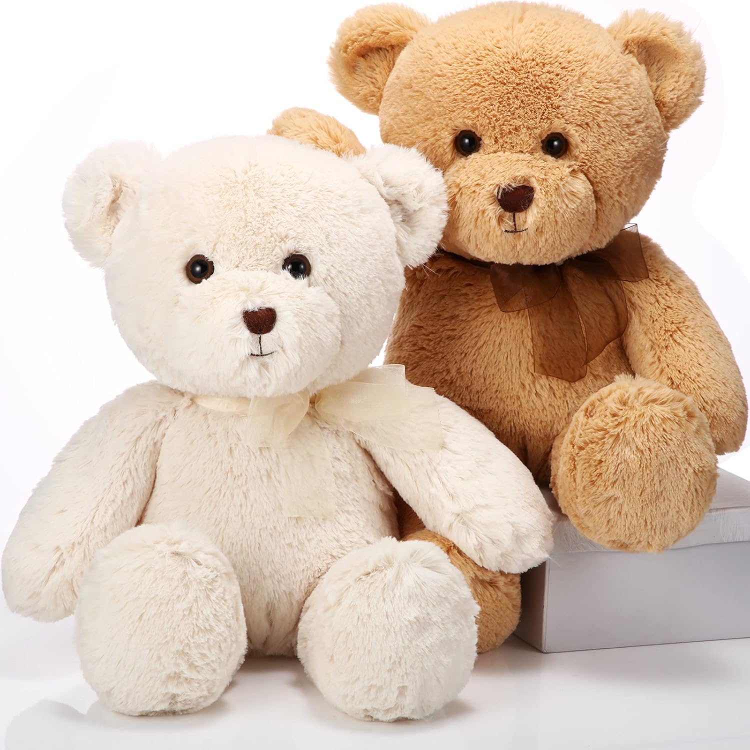 HyDren 2 Pack Plush Bear Stuffed Animals 18 Inch Cuddly Stuffed Bear Plushies with Bow for Birthday Gifts Baby Shower Party Favor Decors(Beige, Light Brown)