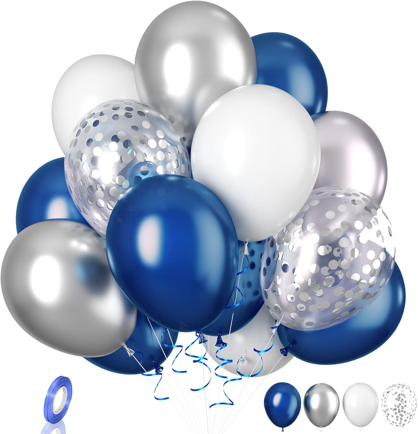 Biapian Navy Blue & Silver Balloons - 20 Pcs, 12 Inch Pearl Blue & Silver Latex Balloons with White Confetti for Birthday, Baby Shower, Graduation, Wedding & Party Decoration
