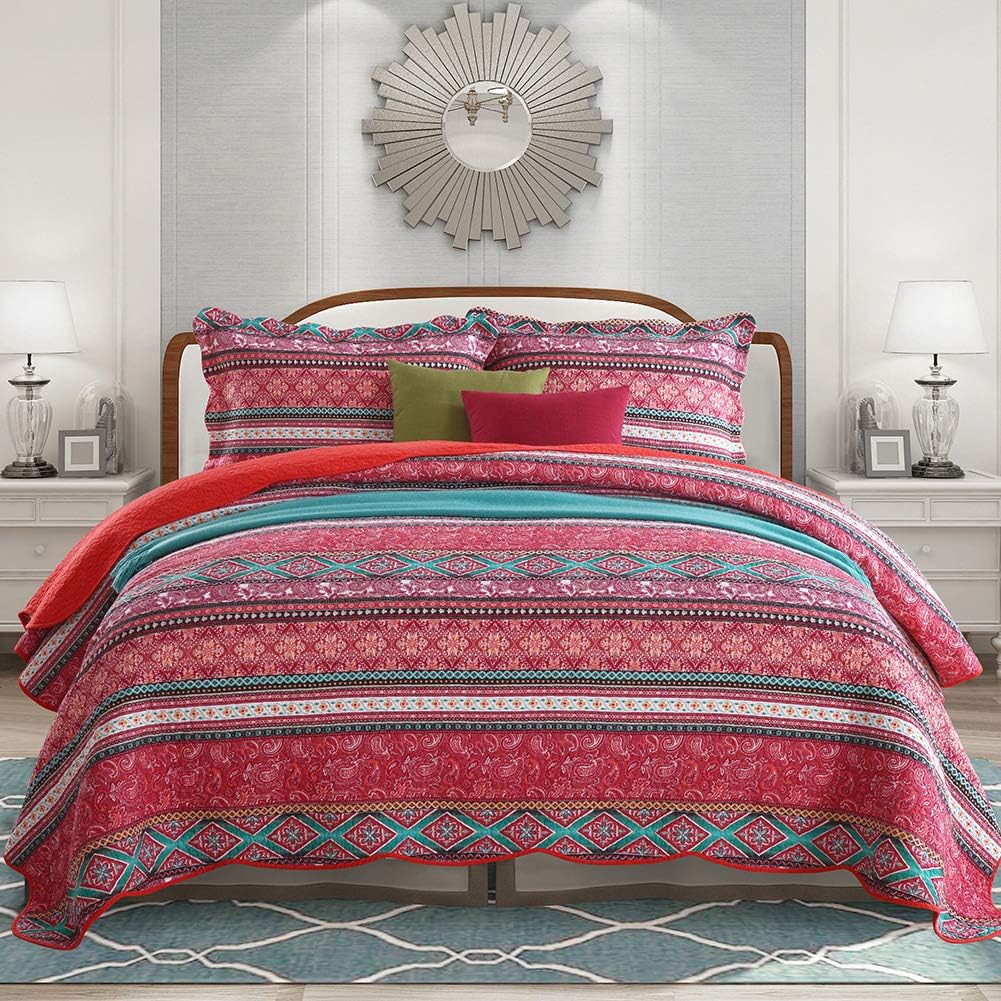 NEWLAKE Cotton Bedspread Quilt Sets-Reversible Patchwork Coverlet Set, Striped Bohemian Pattern,Queen Size
