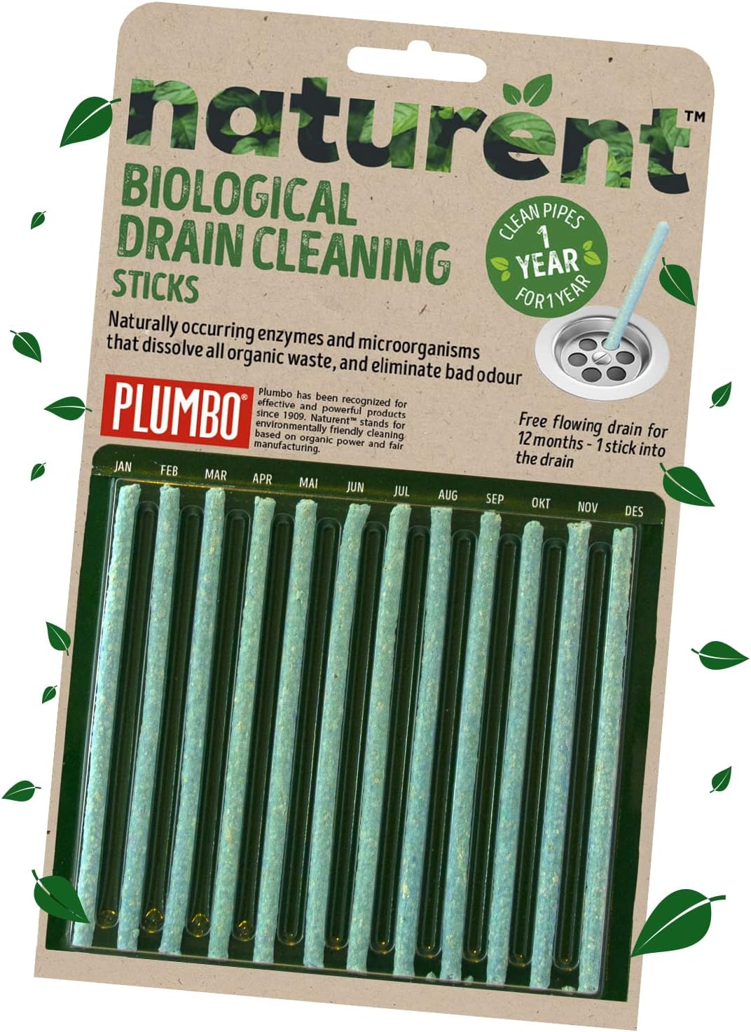 Drain Cleaning Sticks Pack of 12 – 1-Year Supply of Enzyme-Activated Cleaners, Sink Odour Remover – Natural, Sustainable Enzyme Cleaner Clog & Drain Cleaning Sticks by Plumbo
