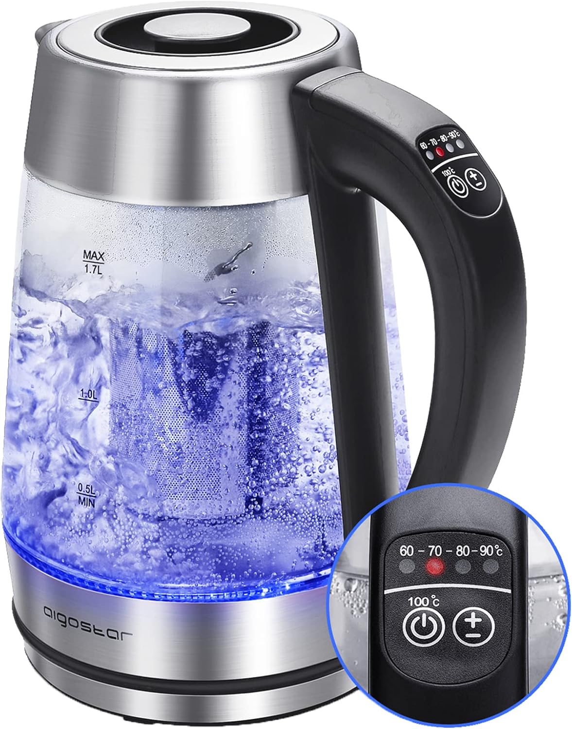 Aigostar Electric Kettle, Tea Kettle with Temperature Control and Tea Infuser, 1500W Hot Water Kettle with Variable Temperature, Keep Warm Function, LED Indicator Light Change, Auto Shut-Off, 1.7L