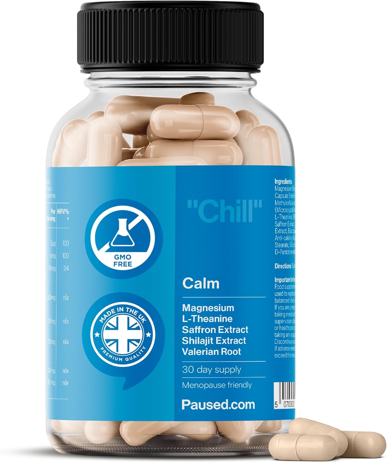 Paused Magnesium Glycinate Calm Supplement - 30 Day Supply | Menopause-Friendly Magnesium, L-Theanine, Saffron Extract & Shilajit Complex for Stress, Mind & Sleep Support | Vegan & Gluten-Free | UK