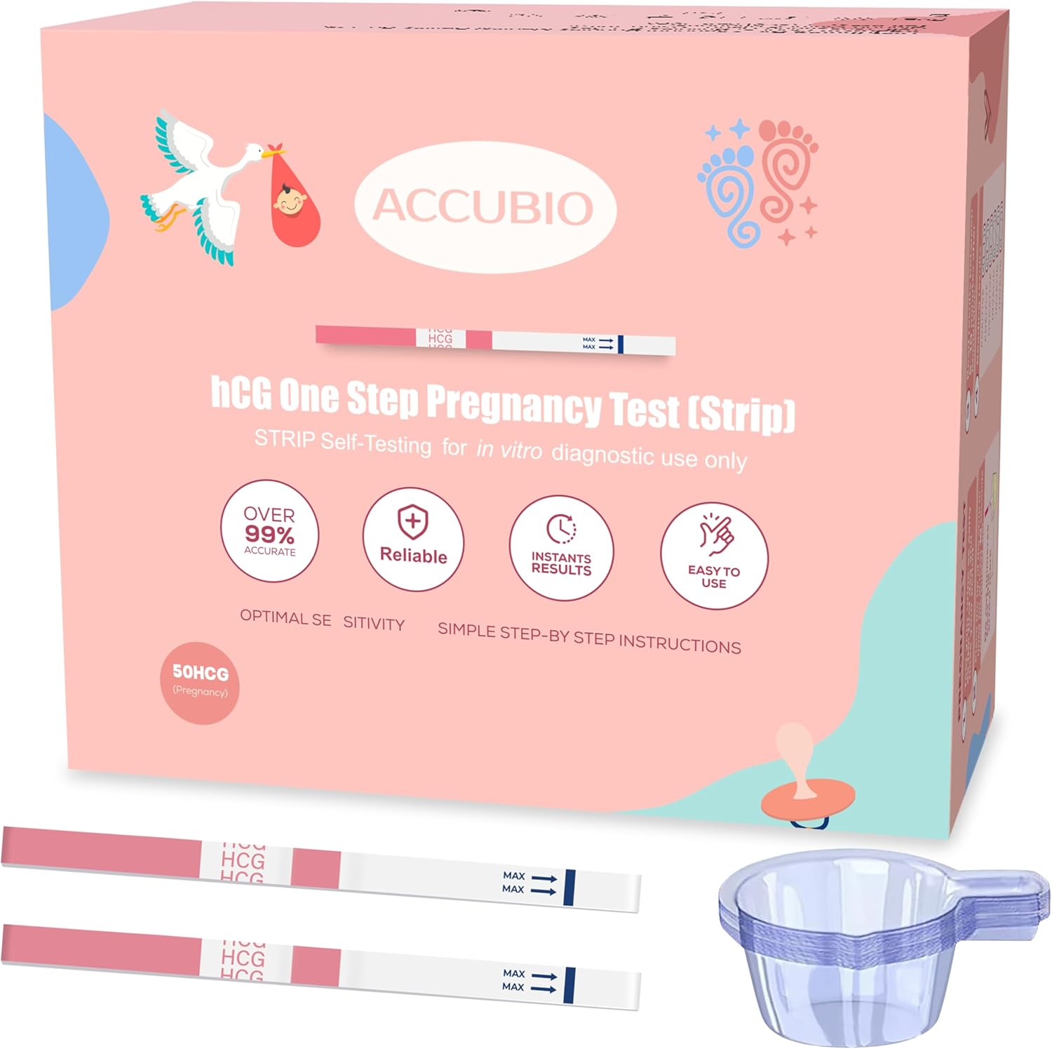 Pregnancy Test Strips with Urine Cups, hCG Detection Home Pregnancy Test, Sensitive & Over 99% Accurate, 50 Count Individually Wrapped, Rapid Pregnancy Tests Kit 5mm Wider 25mIU/mL