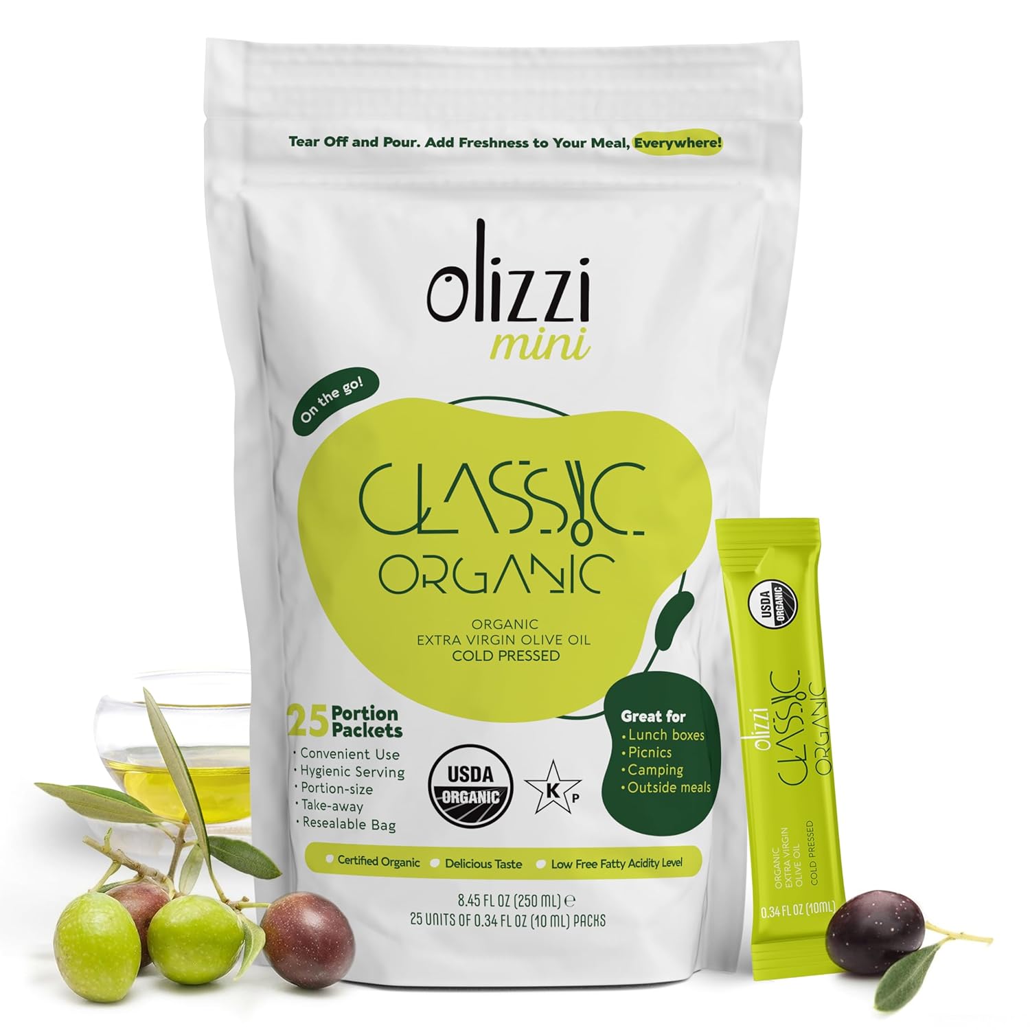 Olive Oil Packets - Olizzi Classic Organic Extra Virgin, New Harvest, Award Winning, Cold Pressed, USDA Organic Certified, Single Serve, Mini, Salad Dressing To Go, Individual, Travel Size, 25 Single Use Packs (0.34 Fl Oz / Unit