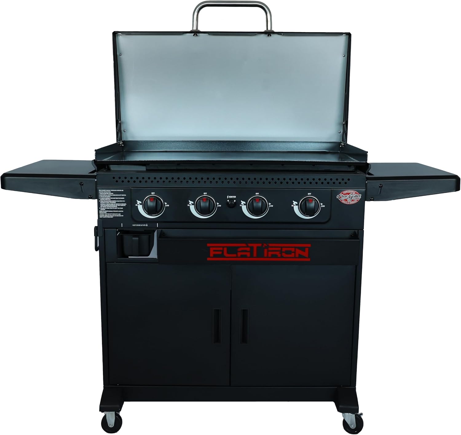 Char-Griller Flat Iron Premium 4 Burner Gas Griddle BBQ, Outdoor Plancha Grill with Ceramic Coated Steel Plate, Lid, 4 Cooking Zones, 54,000 BTU, 5000 cm² Cooking Area, Black