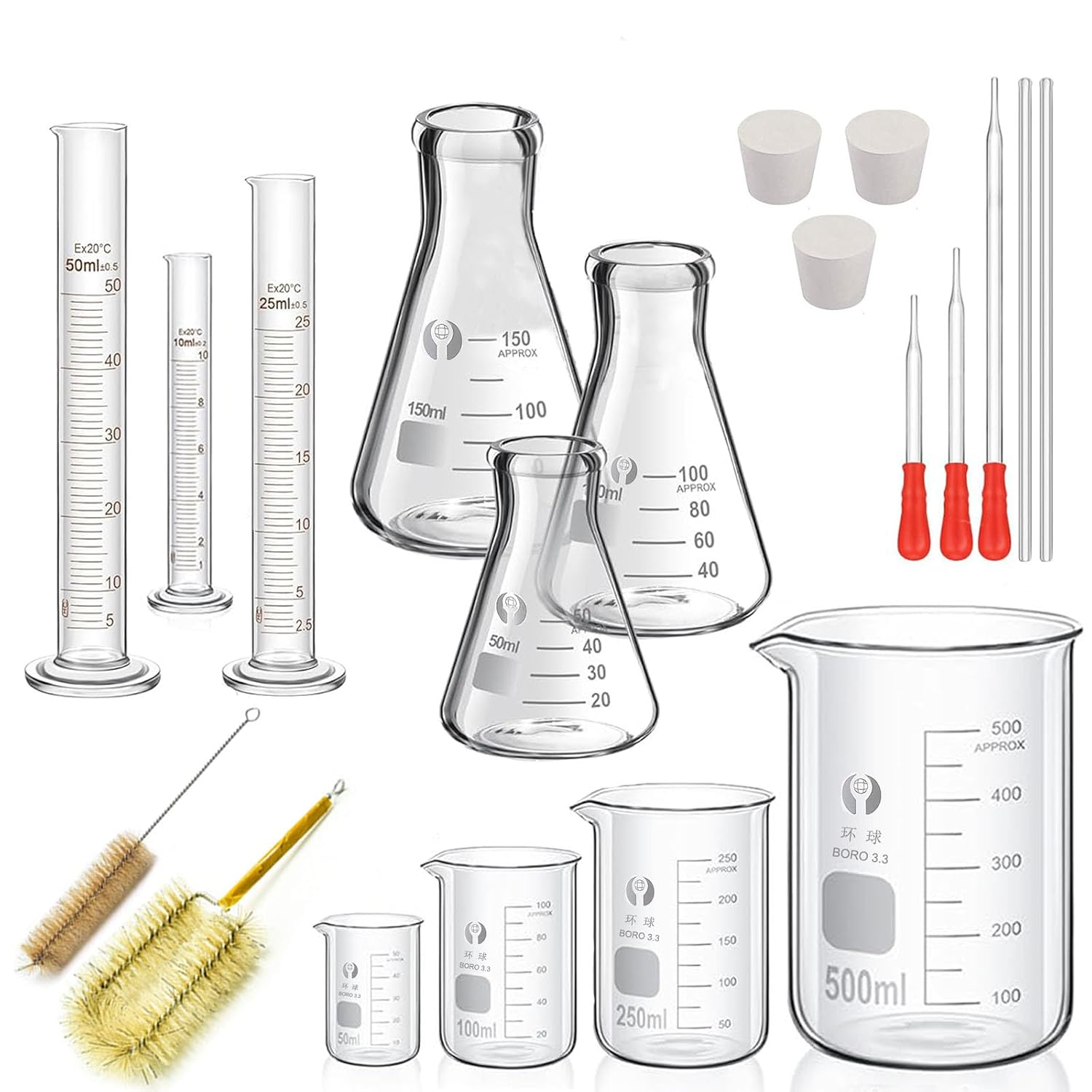 JESSTOLO Glass Erlenmeyer Flask Set(150 ml/100 ml/50 ml), with 4pcs Graduated Beaker, 3pcs Measuring Cylinder with 3pcs Dropper, 2pcs Stirring Rod and 2pcs Washing Brush for Lab, Science Studies