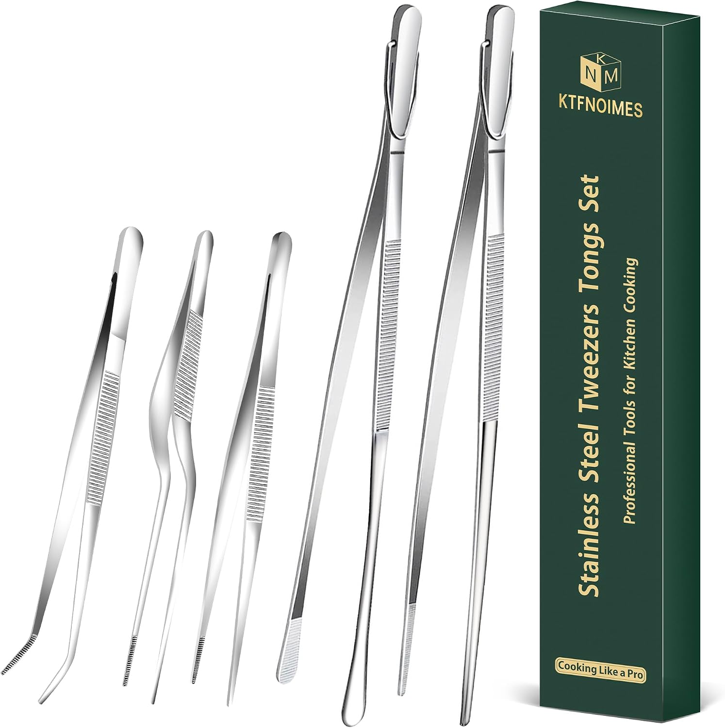 5-piece kitchen tongs set, 12" and 6.3", stainless steel, professional food tongs for cooking, repairing, seafood, grilling, versatile use
