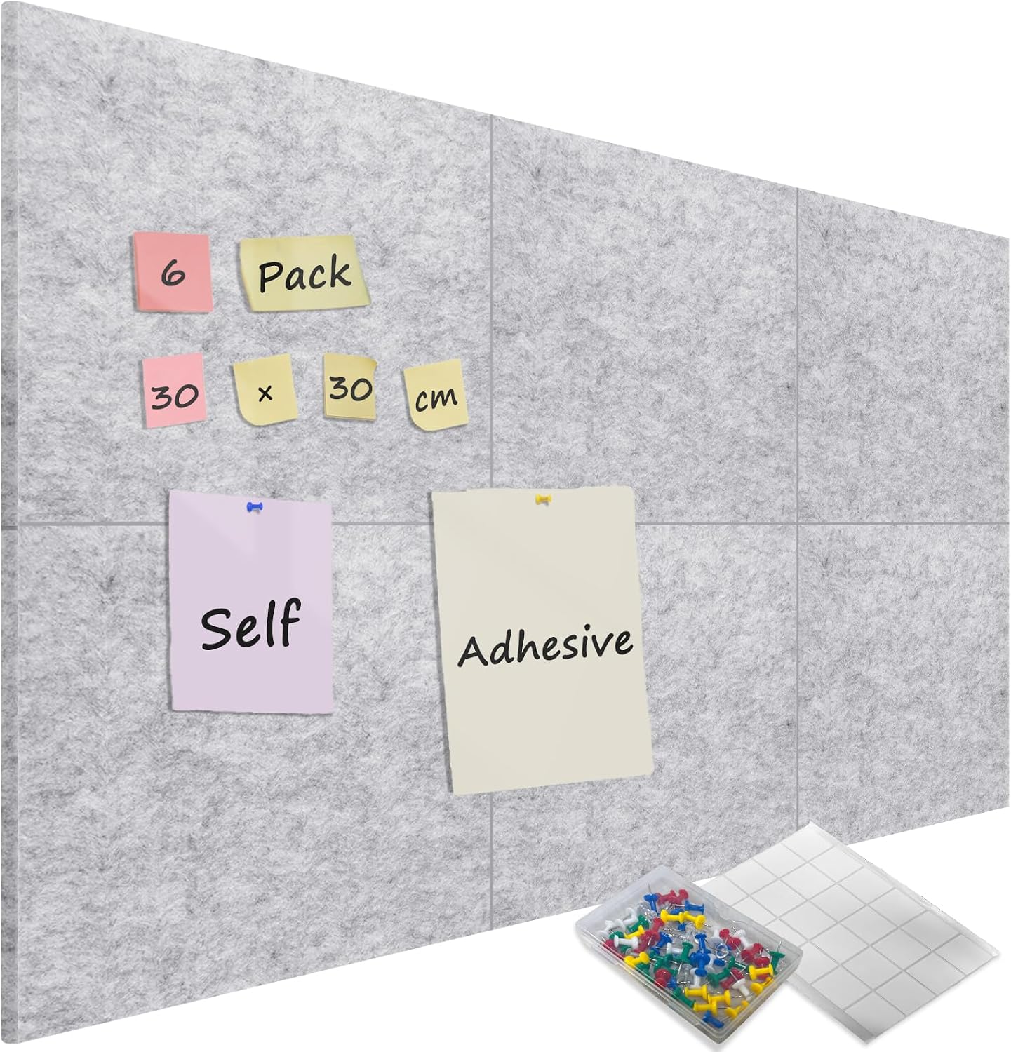 Sliandtelly 6 Pcs Felt Bulletin Board with 60 Pins, 12mm Thick Notice Pin Board Wall Tiles with Adhesive Tapes, 60 x 90 cm Grey Felt Cork Panel for Photo DIY Memo Display in Home Kitchen Office School