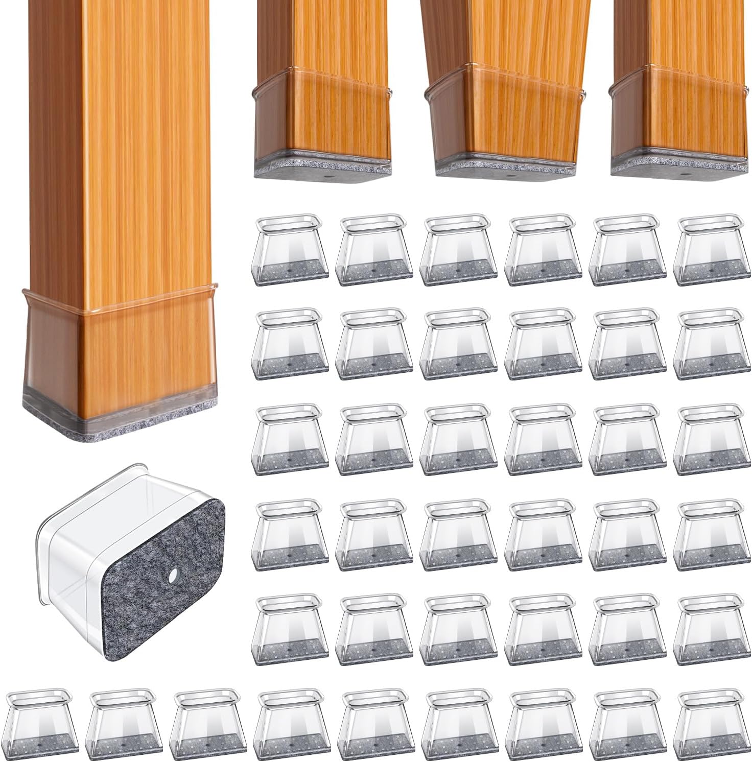 BUMACO Chair Leg Floor Protectors Rectangle Chair Leg Protectors for Hardwood Floors Silicone Pads Covers to Protect Floors(Clear-40 Pcs, Rectangle M Fit (W:3/4" ~ 1",L:1-1/8"~1-1/2")