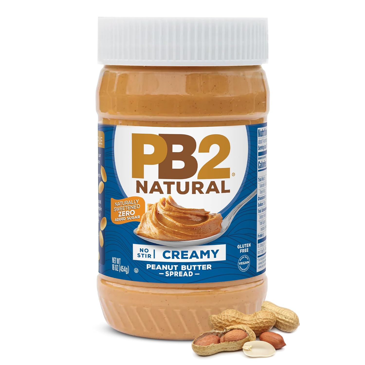 PB2 Natural Creamy Peanut Butter | All Natural Peanut Butter Spread, No Stir, Healthy, Naturally Sweetened with Zero Added Sugar, Certified Gluten Free, Vegan (1-Pound Jar)
