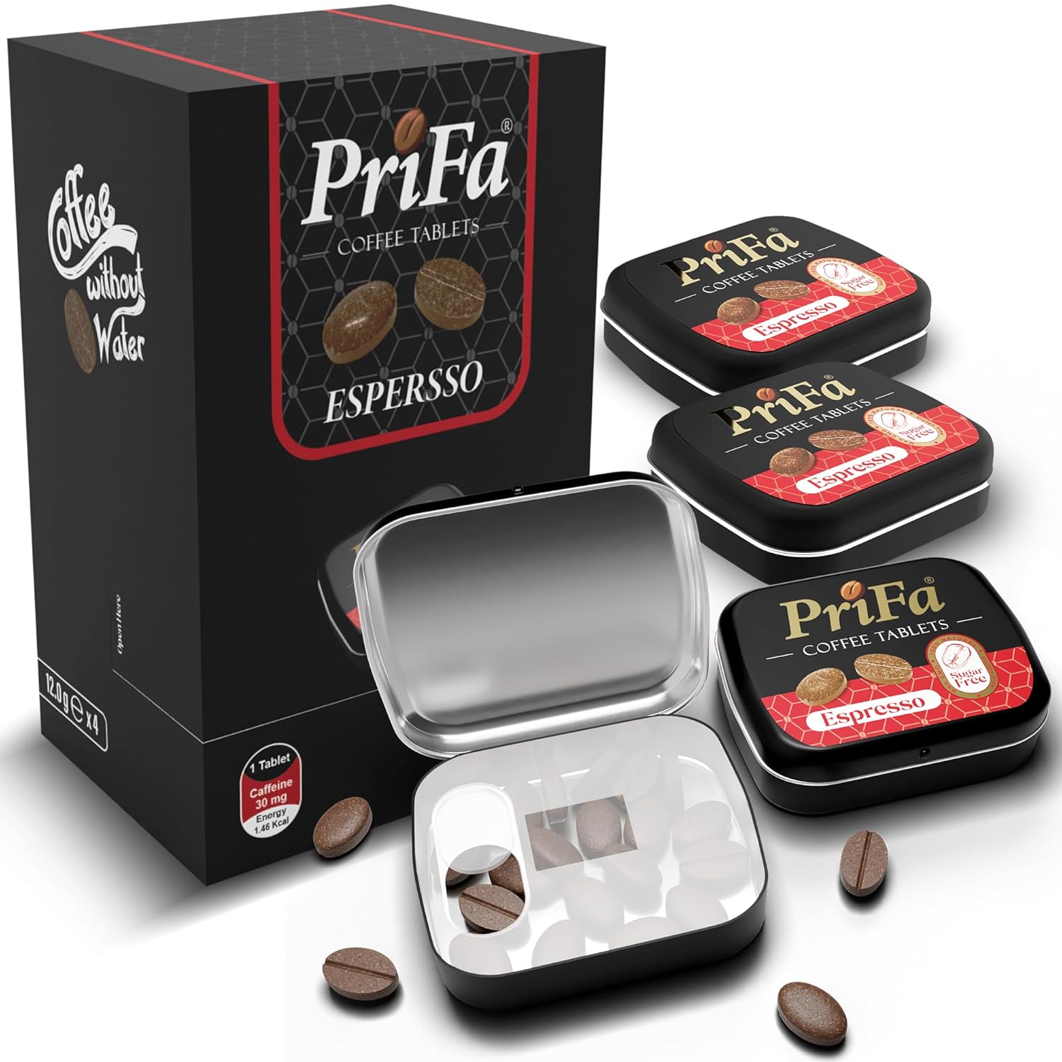 PriFa Coffee Tablets, Pocket Coffee Espresso To Go - Unsweetened Real Coffee Absorbable Lozenge Coffee Candy - Natural Sugar Free Instant Energy Pouches, Caffeine Mints for Keto (Espresso, 4 Tins)