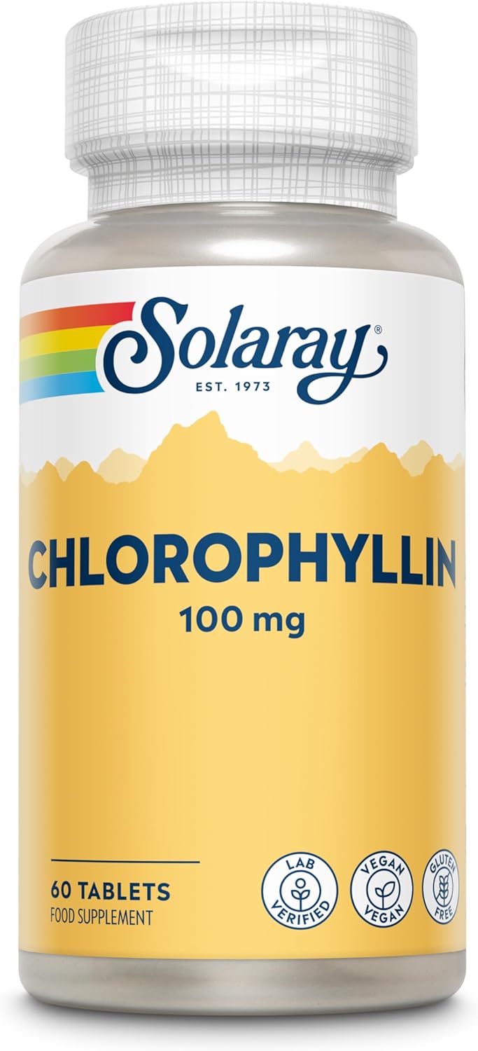 Chlorophyllin - 60 Vegan Tablets not Capsules - Improved Absorption with High Strength Chlorophyllin Supplement from Sodium Copper - Lab Verified - Solaray