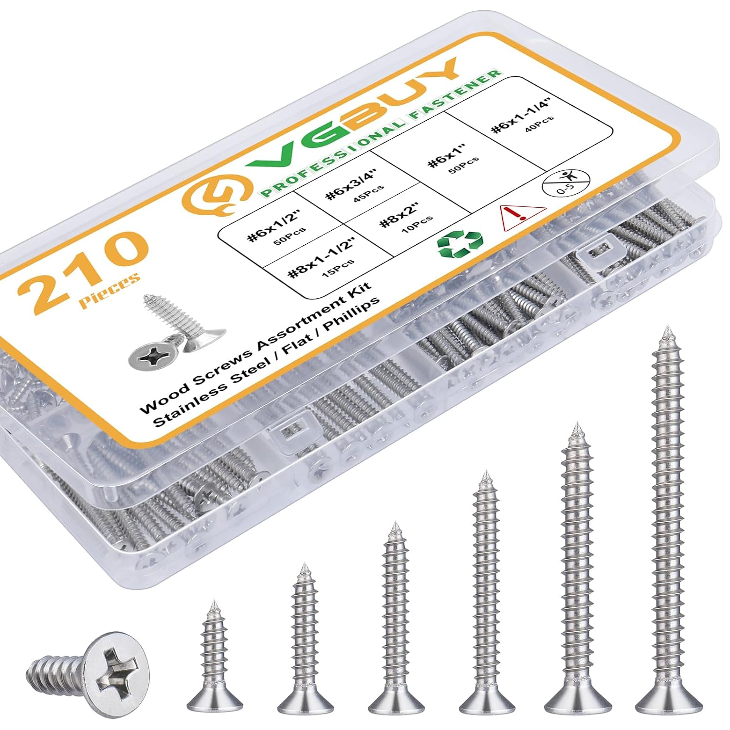 VGBUY 210Pcs Wood Screws Assortment Kit, 304 Stainless Steel Screws, Phillips Drive, Wood Screws, Screws, Screw Set, Assorted Screws, Screws Assortment Kit, 6 Sizes (2”,1-1/2”,1-1/4”,1”,3/4”,1/2”)