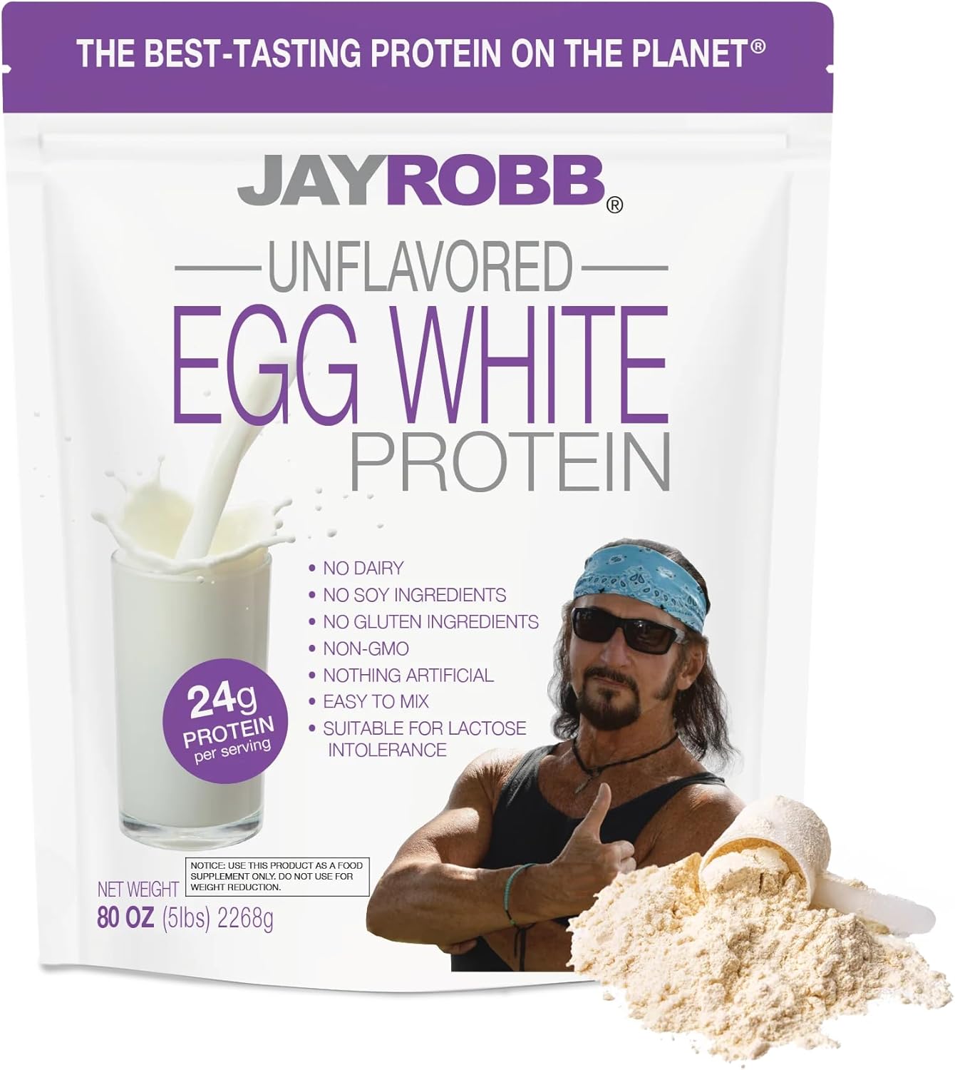 JAYROBB Unflavored Egg White Protein Powder, Low Carb, Keto, Vegetarian, Gluten Free, Lactose Free, No Sugar Added, No Fat, No Soy, Nothing Artificial, Non-GMO, Best-Tasting, 80oz