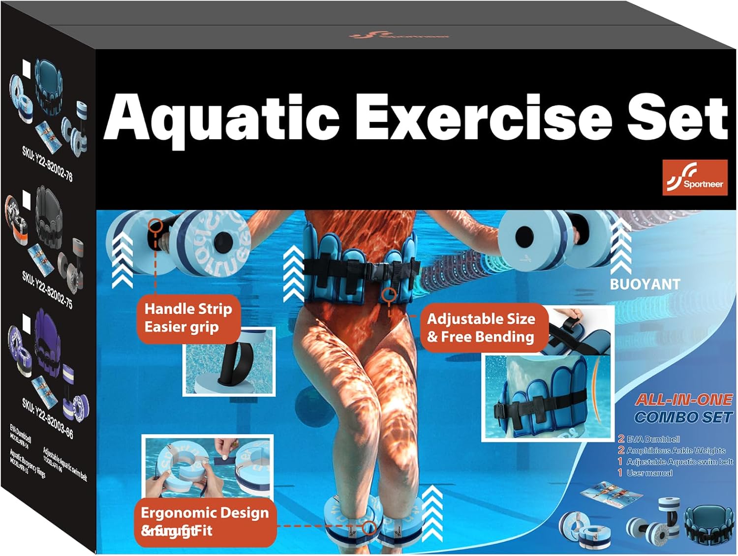 Sportneer Water Aerobics Pool Exercise Equipment Water Workout Combo Set Includes High Density Water Dumbbell Aqua Belt Water Ankle Weights for Aquatic Therapy Pool Fitness Water Exercise
