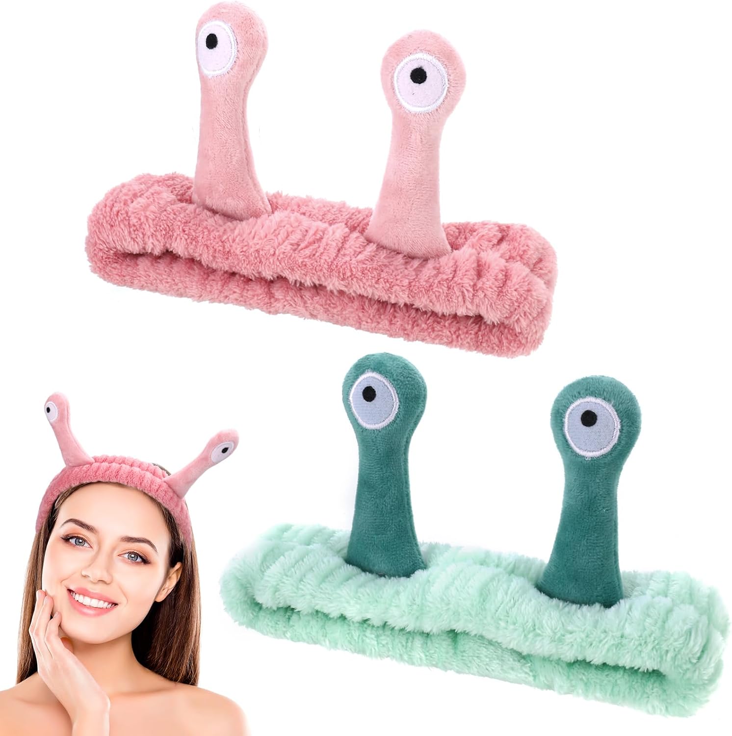 2 PCS Snail Face Wash Headband for Women & Girls, Soft Coral Fleece Spa Hair Band, Cute Elastic Headband for Washing Face, Shower Sports Beauty