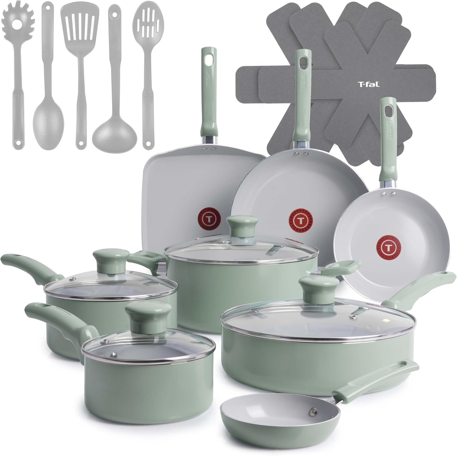 T-Fal Refresh Ceramic Nonstick Cookware Set, 20-Piece, Oven Safe to 350°F, Stockpot, Ceramic Pots and Pans Set, Frying Pans, Griddle, Utensils, Mint Green