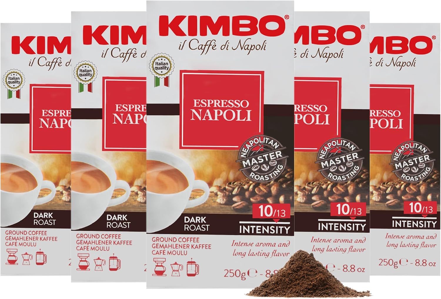 Kimbo Coffee Espresso Napoli Ground Coffee, Medium Dark Roast, 5 x 250g