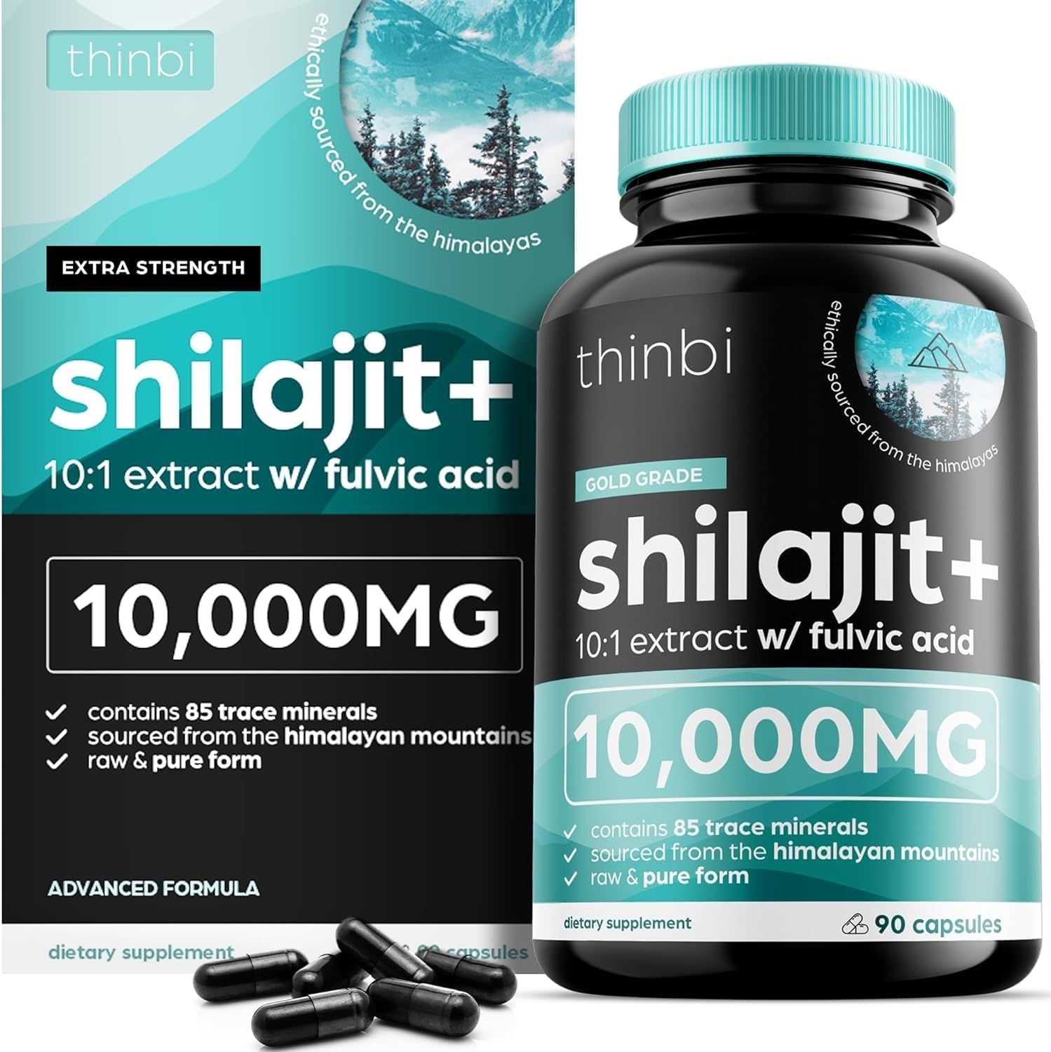 Thinbi Pure Himalayan Shilajit Capsules with Fulvic Acid & Trace Minerals - 90 Count