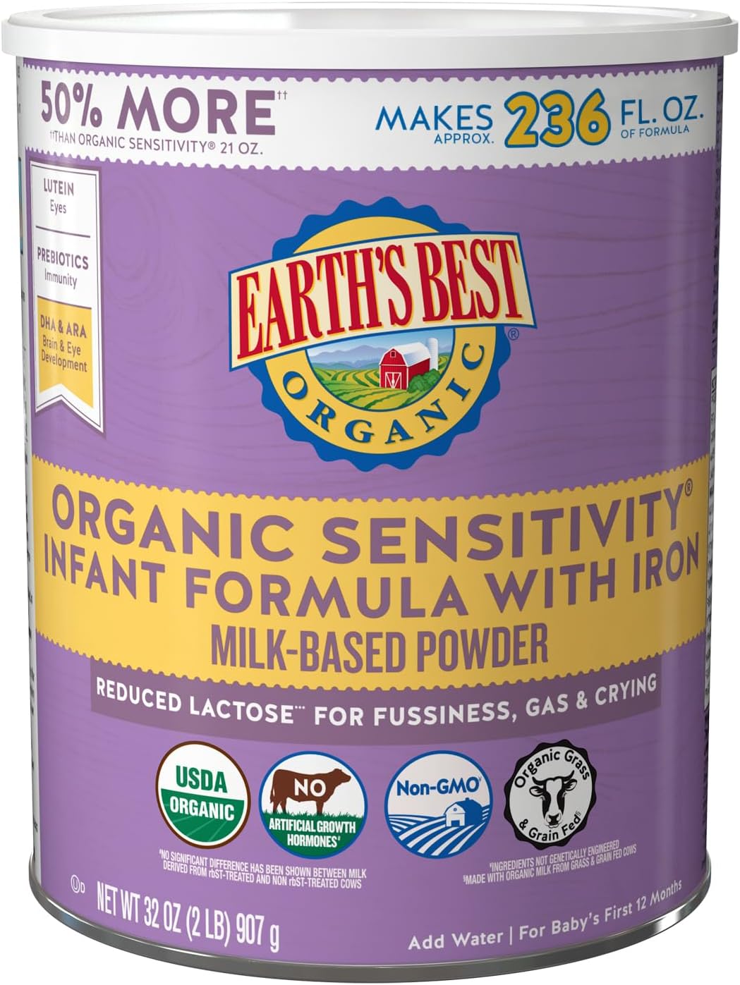 Earth's Best Organic Sensitive Baby Formula for Babies 0-12 Months, Reduced Lactose Powdered Infant Formula with Iron, Omega-3 DHA, and Omega-6 ARA, 32 oz Formula Container