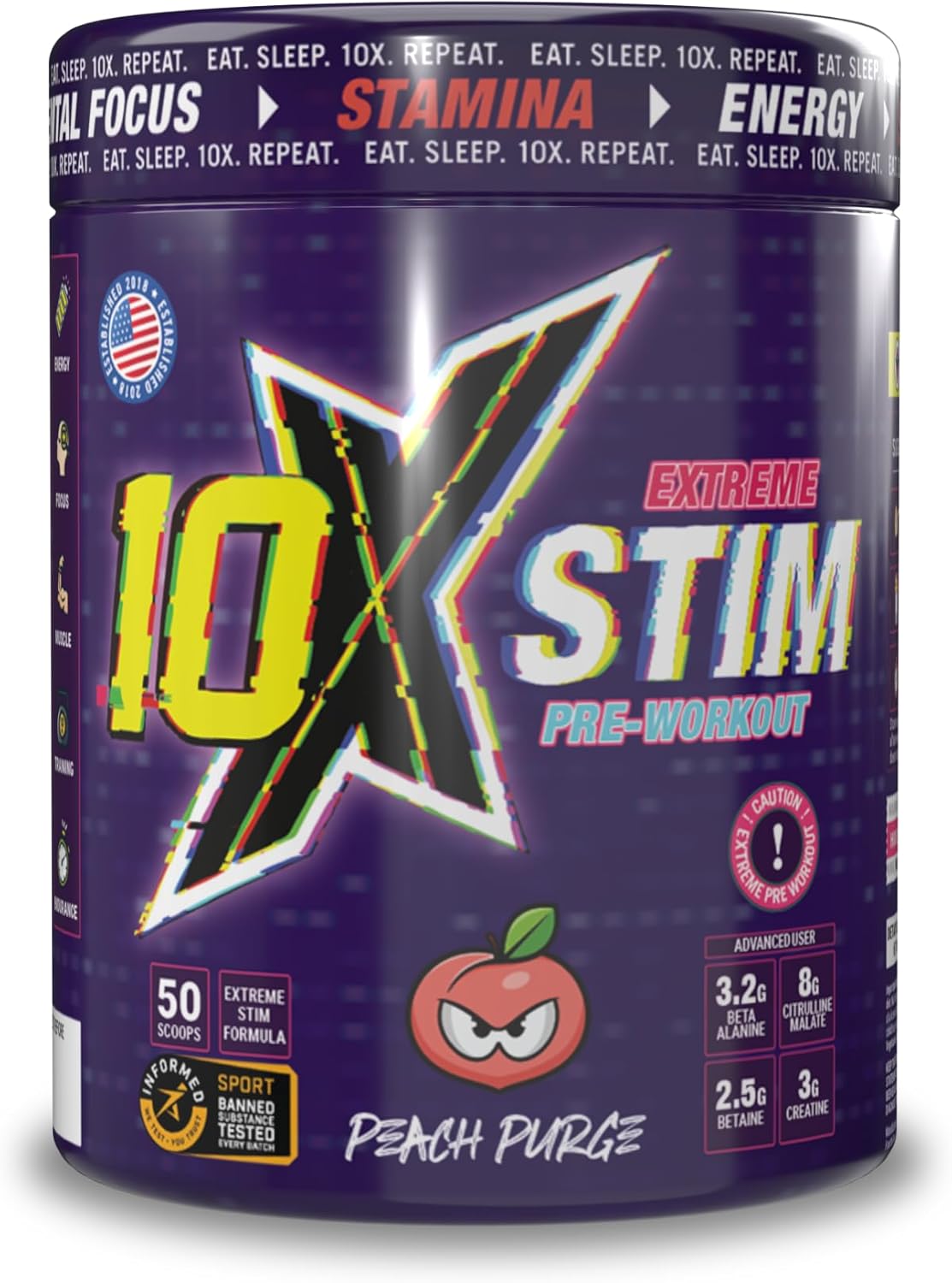 10X Athletic Stim Pre Workout Beta Alanine High Caffeine Creatine Sugar Free Vegan Low Calorie Various Flavours 600g 25/50 Servings (Peach Purge)