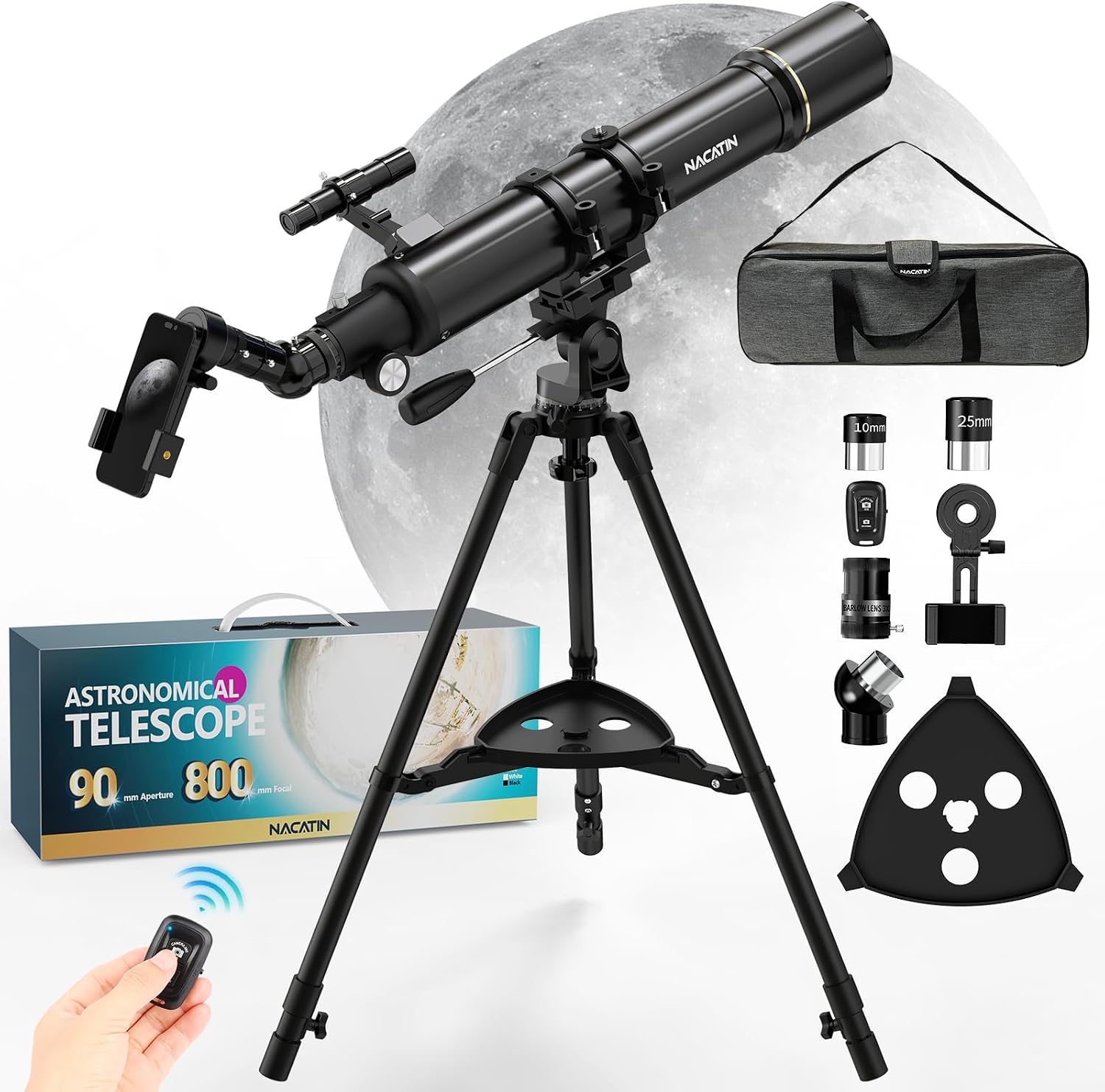 Astronomy Telescope for Adults & Beginners - 90mm Aperture 800mm Refractor with 32X-240X Magnification, Iron Tripod, Phone Adapter & Backpack - for Moon, Planets & Stargazing (Black)