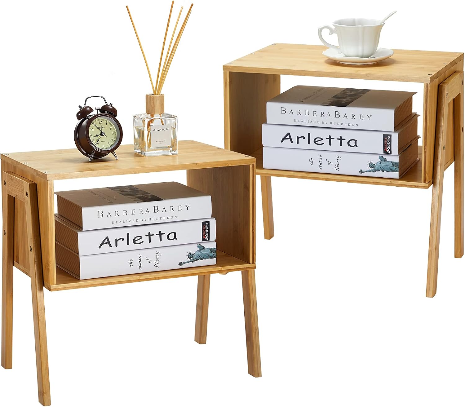 Pipishell Bamboo Stackable End Tables, Wood Living Room Nightstand, Bedside Tables for Bedroom Storage, Set of 2