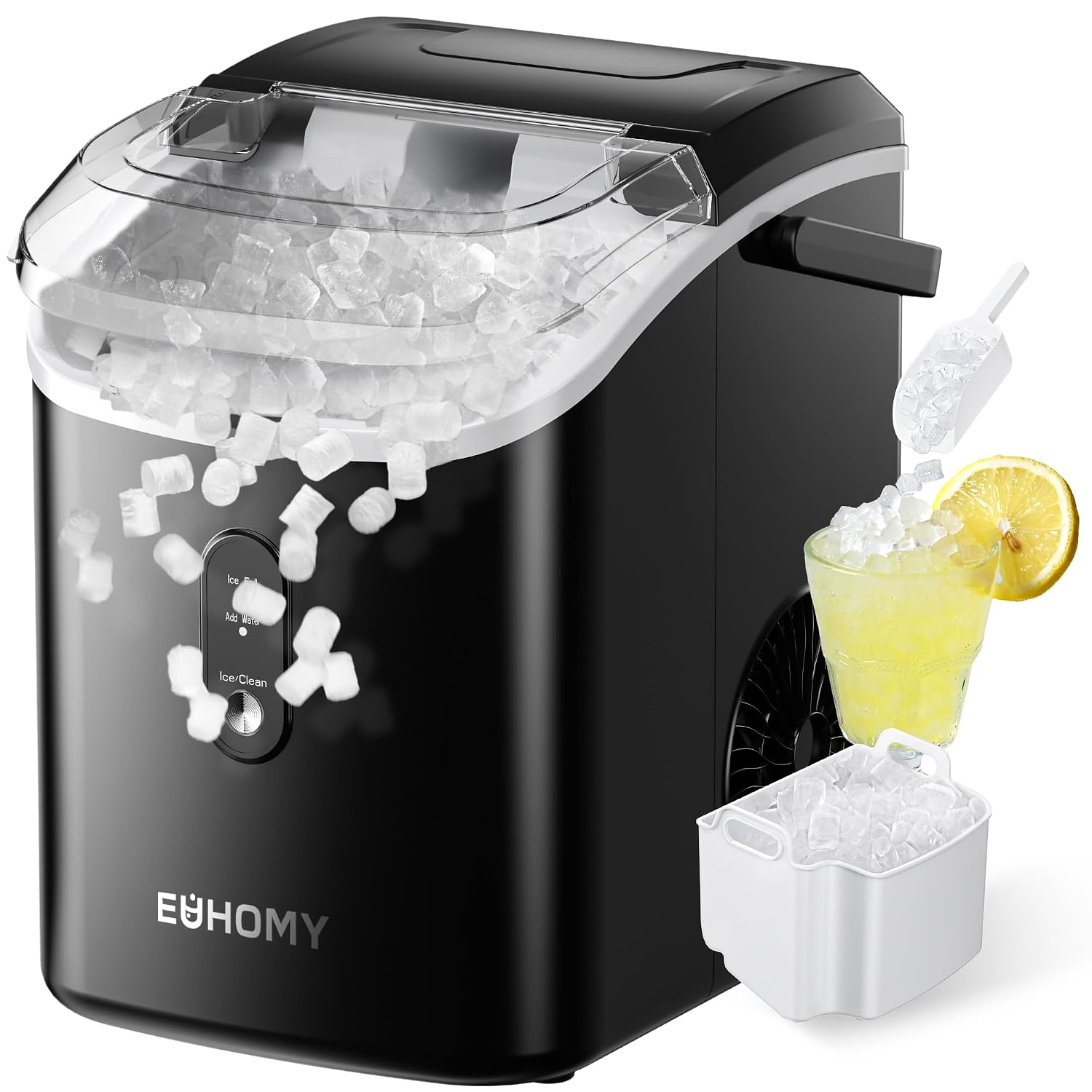 EUHOMY Nugget Ice Maker, Chewable Pellet Ice Machine with Self-Cleaning | Ready in 6 Mins 15.5kg/24H Capacity One-Click Operation Removable Top Cover Ice Cube Maker with Handle for Kitchen/Office