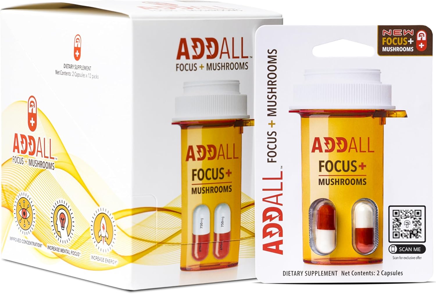 Addall Focus + Mushrooms Memory Supplement (12 Pack) #1 Effective Alternative Brain Supplement Substitute Pills Nootropic & Energy | No Crash | Science Backed Formula | USA Made