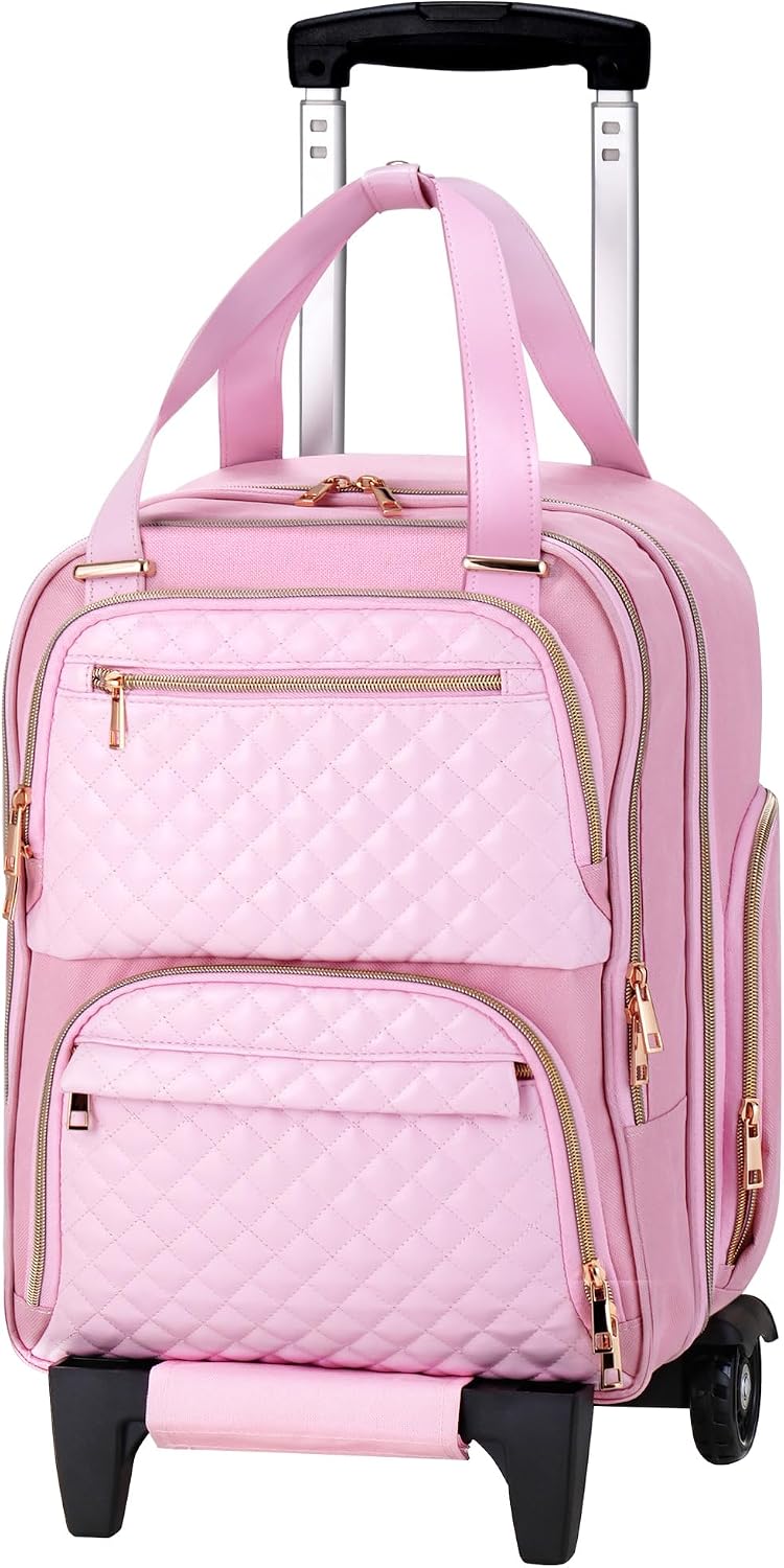 Rengue 16-Inch Underseat Carry On Luggage with Wheels, Lightweight Multi-Functional Overnight Suitcase for Men and Women, Fits 15.6'' Laptop, Water-Resistant and Anti-Theft, Pink, Pink, Carry-On