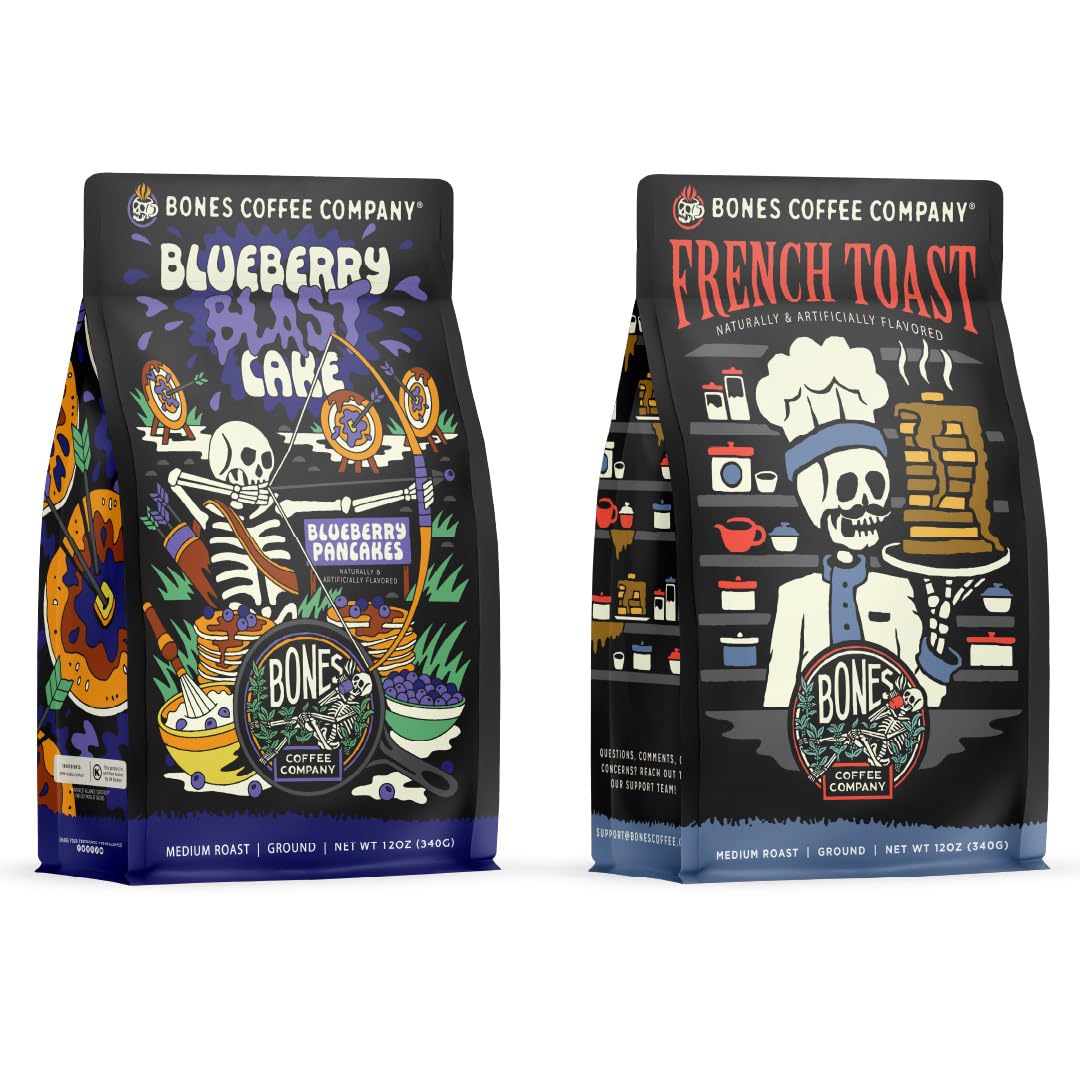 Bones Coffee Company Blueberry Blast Cake With French Toast Ground Coffee, 12 oz Bundle