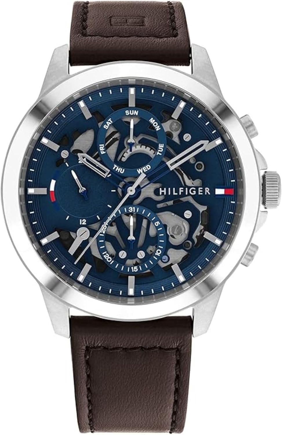 Tommy Hilfiger Men's Dressy Watch – Quartz Multifunction, Stainless Steel Case, Skeleton Dial, Link Bracelet – Gift for Him