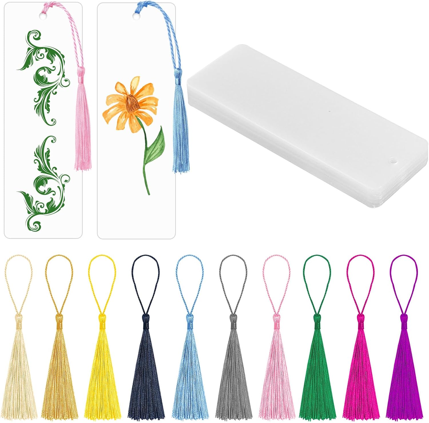 50 Clear Bookmark Blanks with Colorful Tassels, Rectangle Bookmarks Bulk for DIY Crafts, Gift Tags (50)