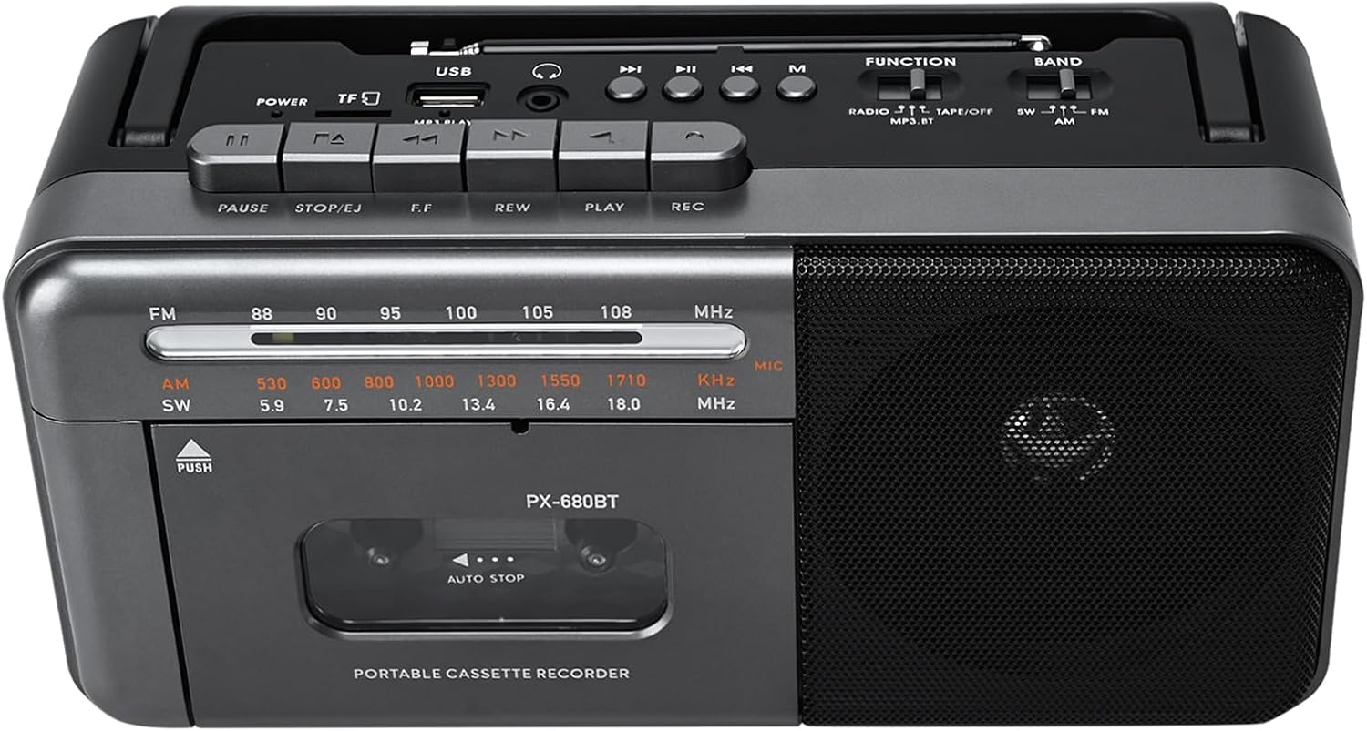 Lychee Portable Tape Recorder, Vintage Cassette Recorder with AM/FM/SW Radio, Built-in Speaker, AC/DC/3.5mm Headphone Jack, Support TF Card/USB Input (Grey)