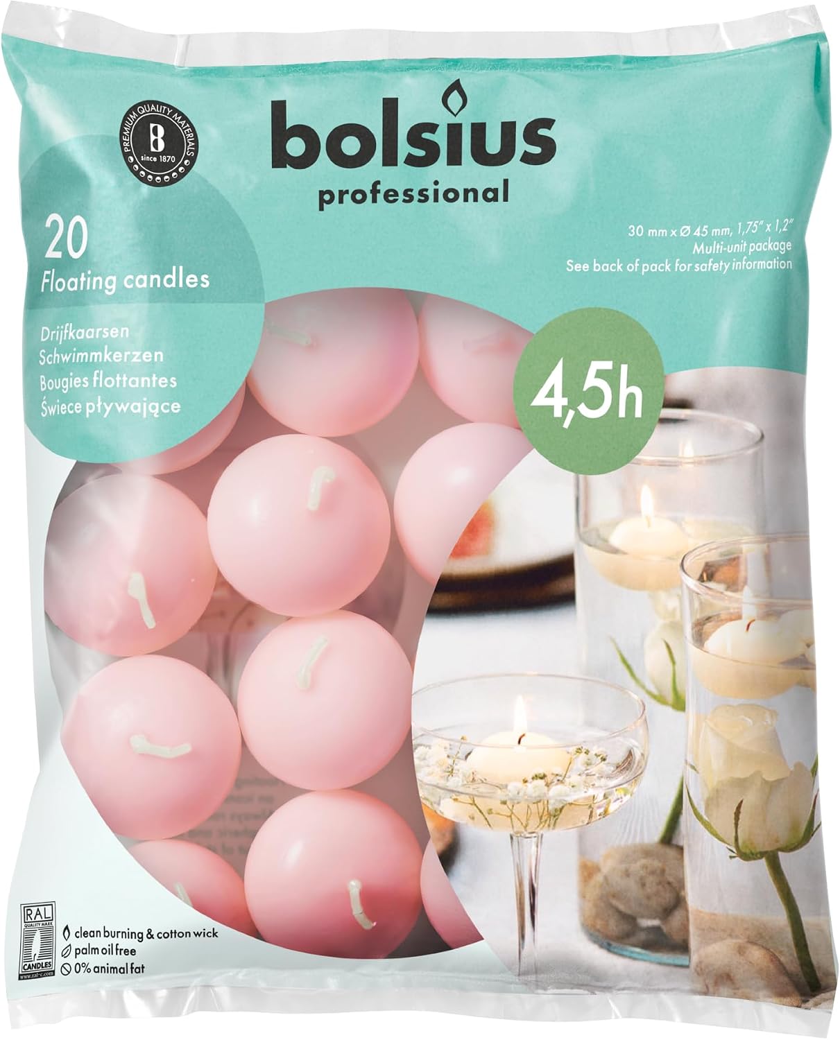 Bolsius Floating Candles - Pink - Pack of 20 - Diameter 45 mm - Length Burning Time 4.5 Hours - Praffin Wax - Without Palm Oil - Decorative Household Candles