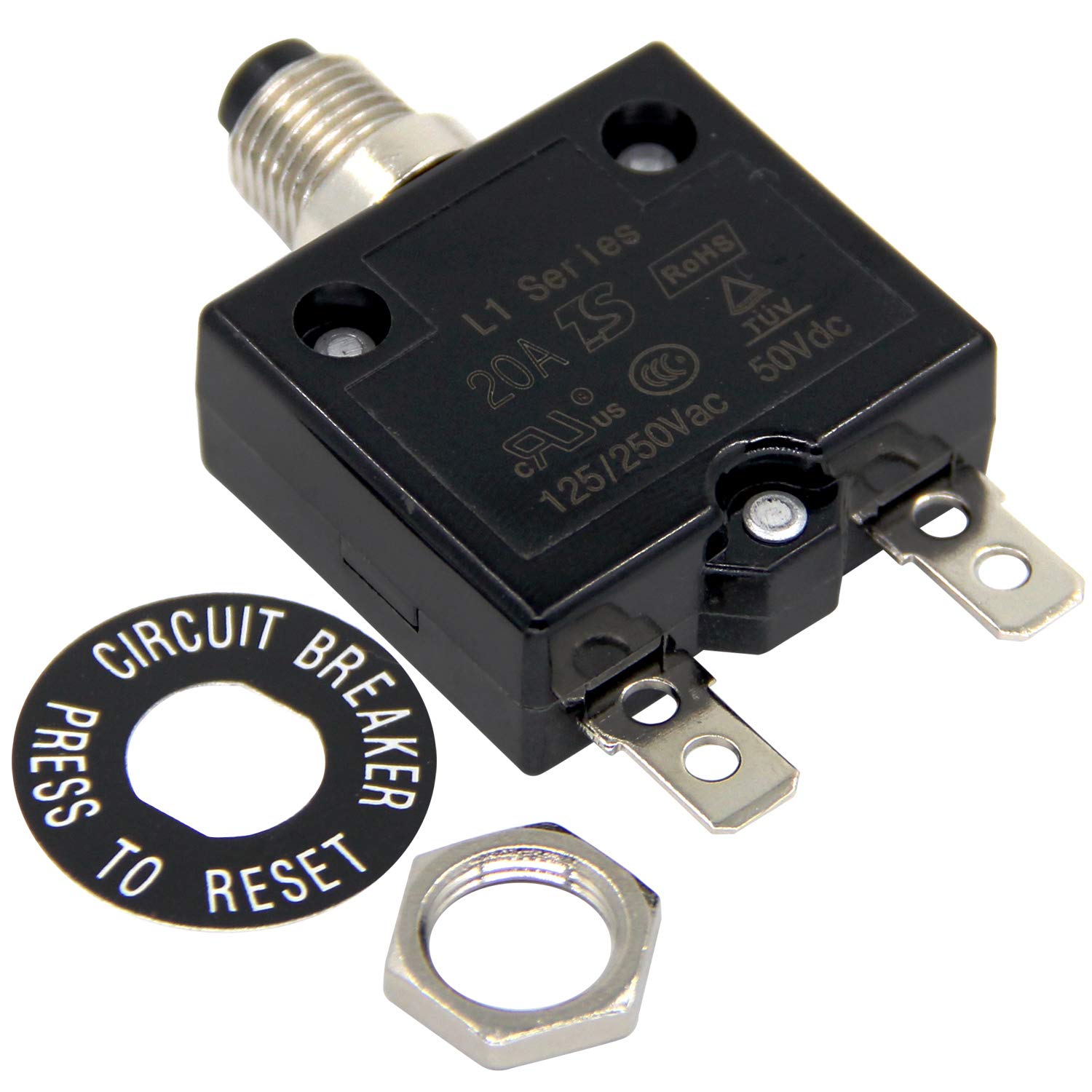 125-250V AC 50V DC Push Button Circuit Breaker 20Amp Thermal Overload Protector L1 Series Manual Reset Thermal Circuit Breaker 20A