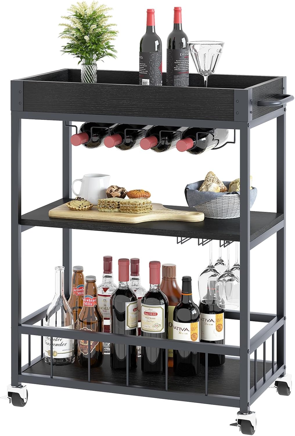 Bar Cart, 3 Tier Serving Trolley, Rolling Wine Trolley, Serving Cart with Wine Rack and Handle, Kitchen Storage Carts With Wheels, Tea Drink Trolley for Dining Living Room Bedroom Outdoor, Black