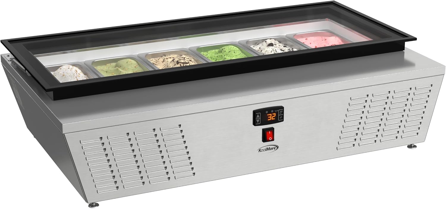 KoolMore KM-CGD-6P45 45 in. 6-Pan Countertop Ice Cream Display Freezer with Glass Top, ETL Listed